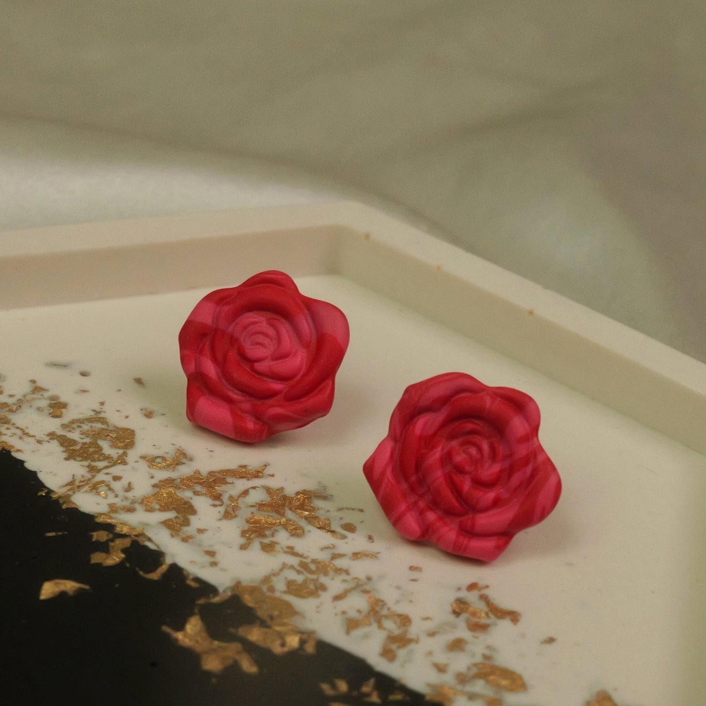 Pink and Red Swirl Rose Studs
