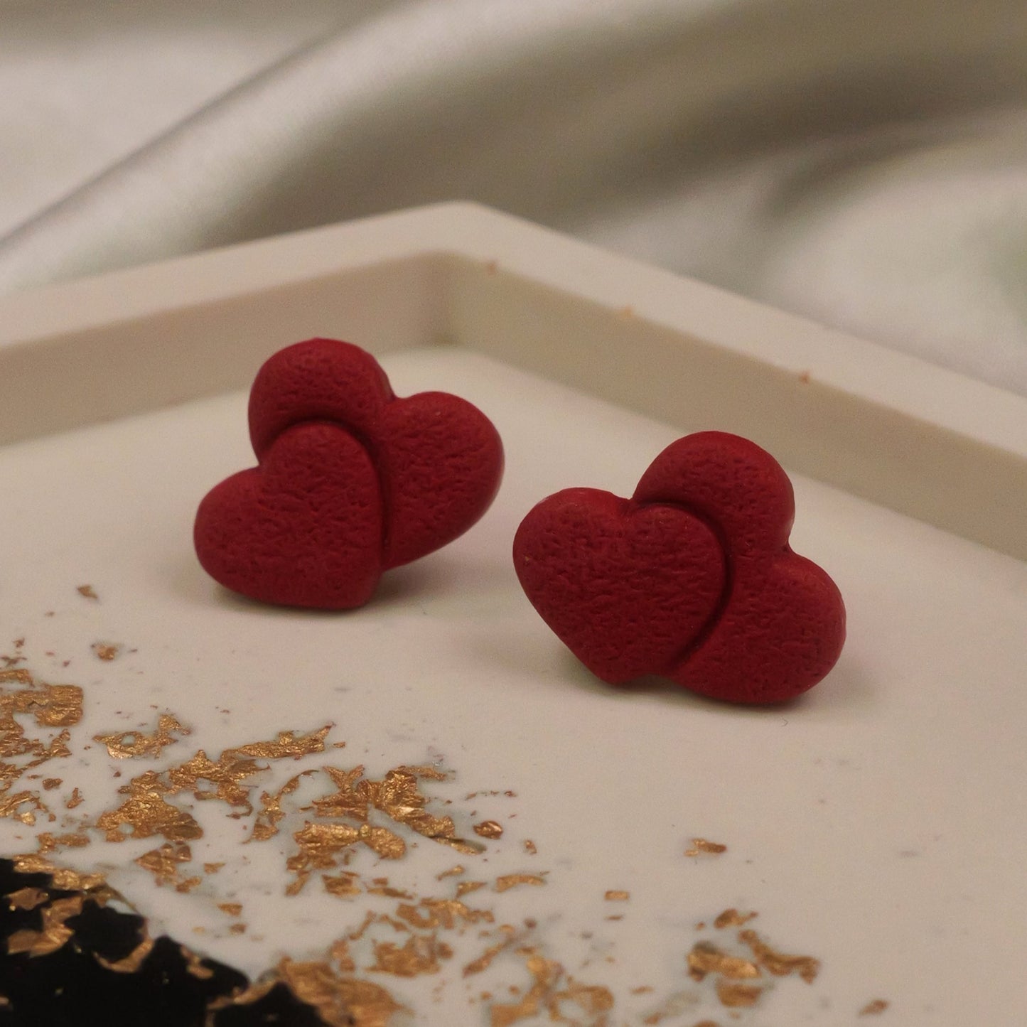 Textured Double Heart Studs - Dark Red