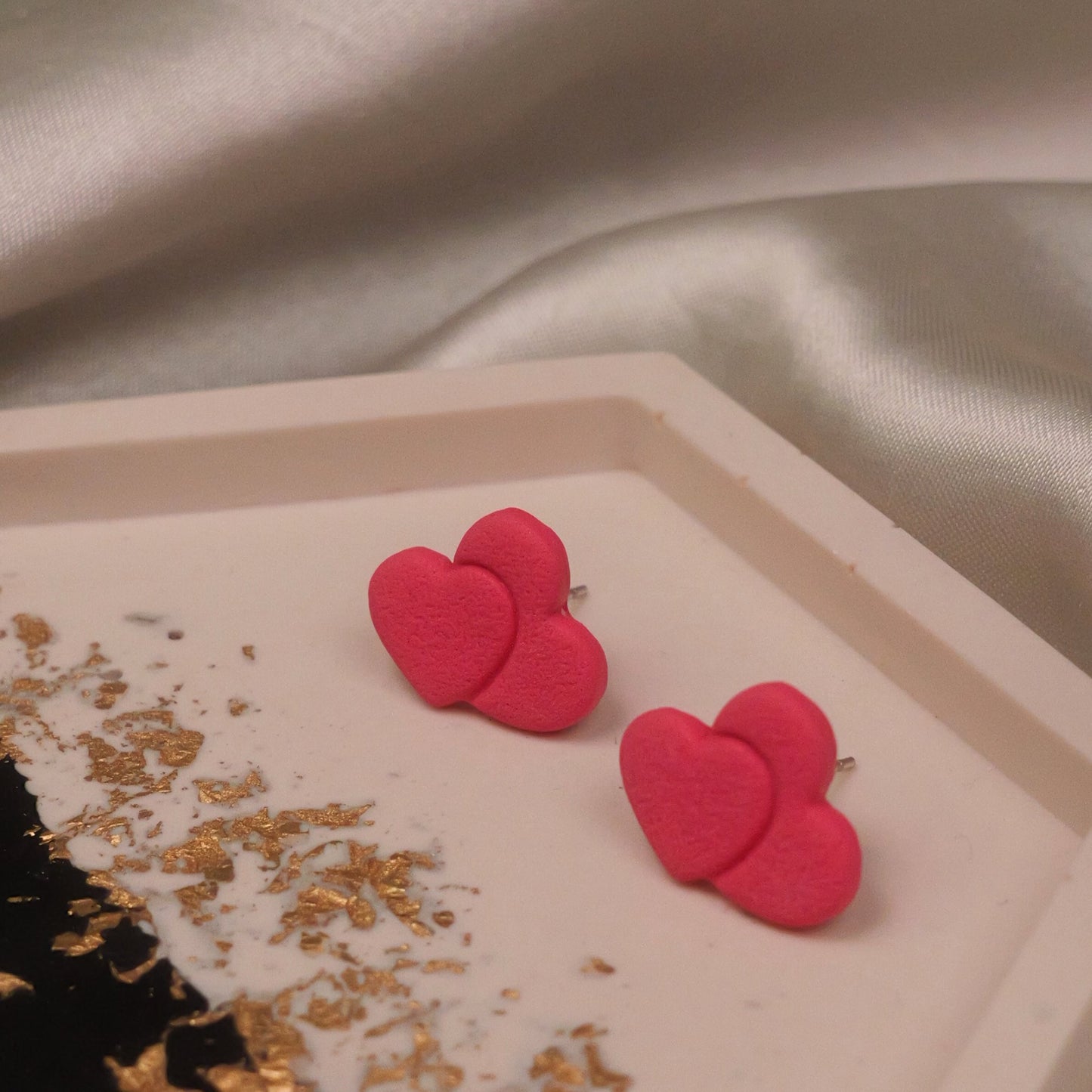 Textured Double Heart Studs - Pink