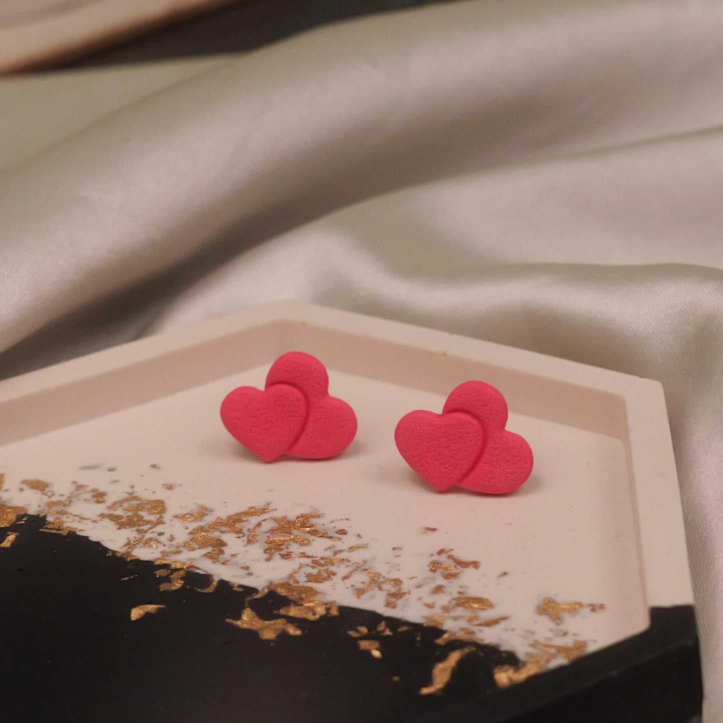 Textured Double Heart Studs - Pink