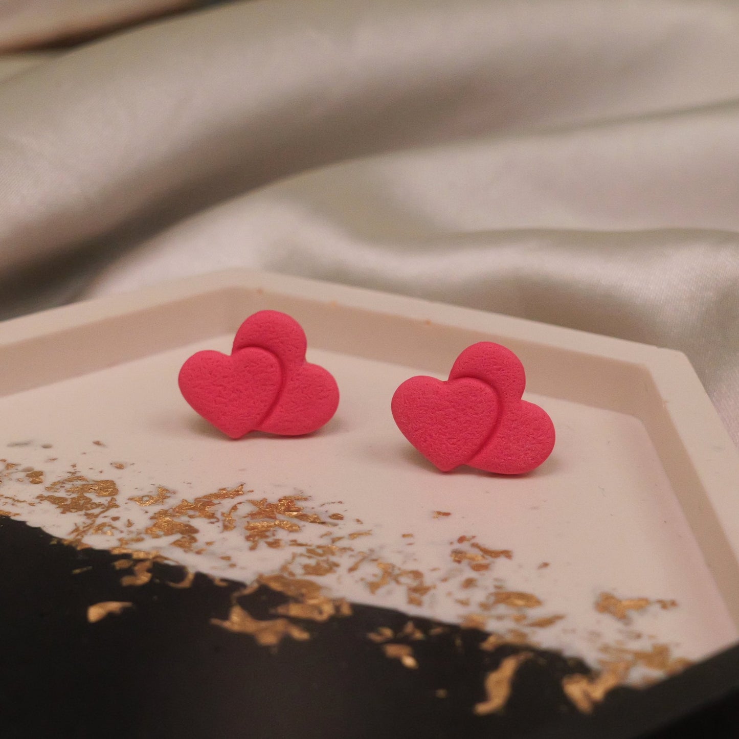 Textured Double Heart Studs - Pink
