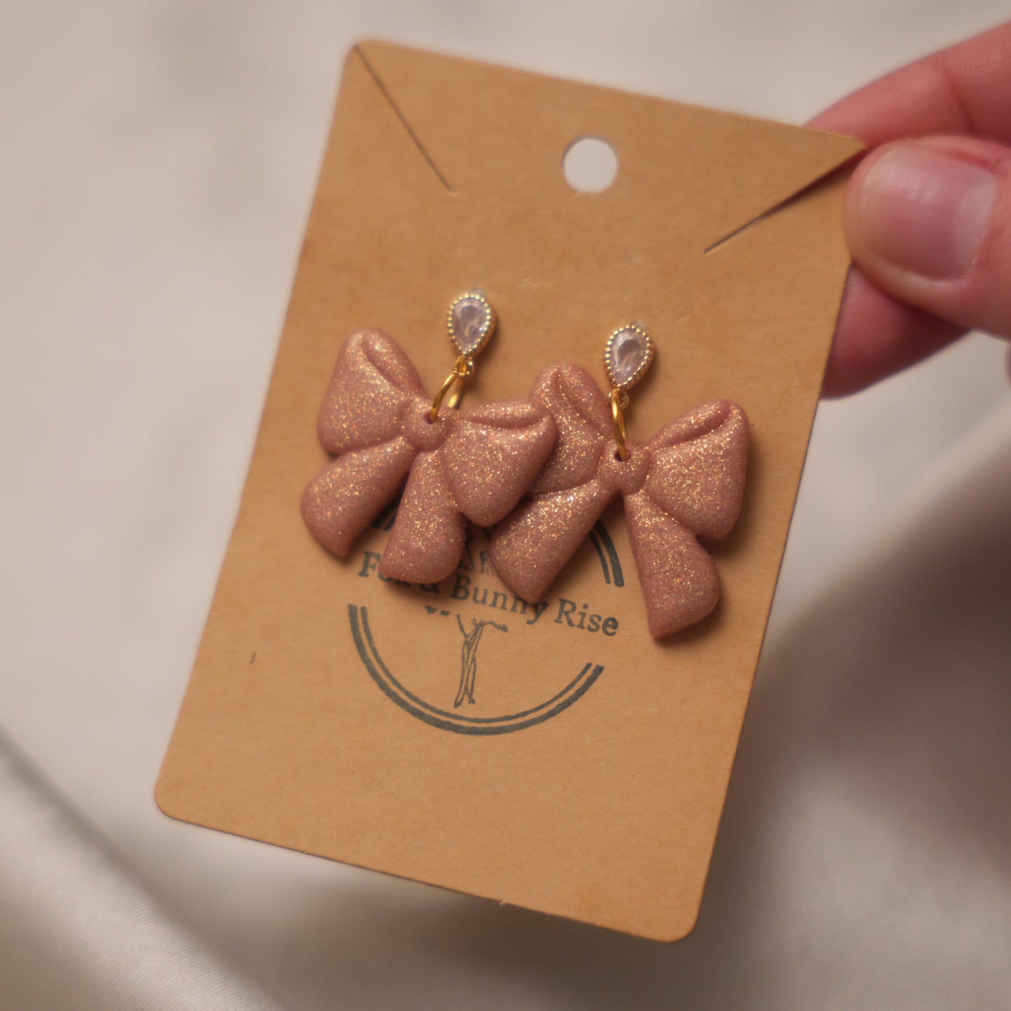 Champagne Shimmery Bow Dangle Earrings