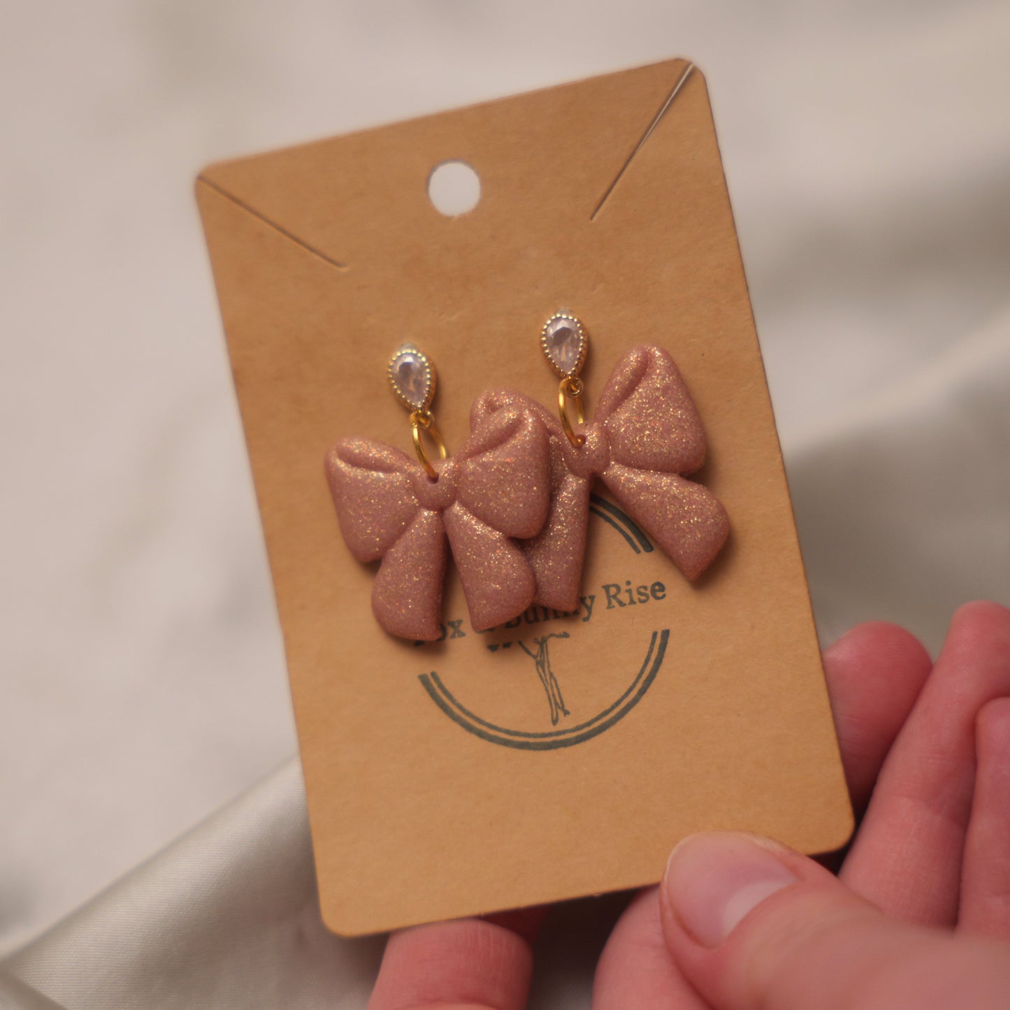 Champagne Shimmery Bow Dangle Earrings
