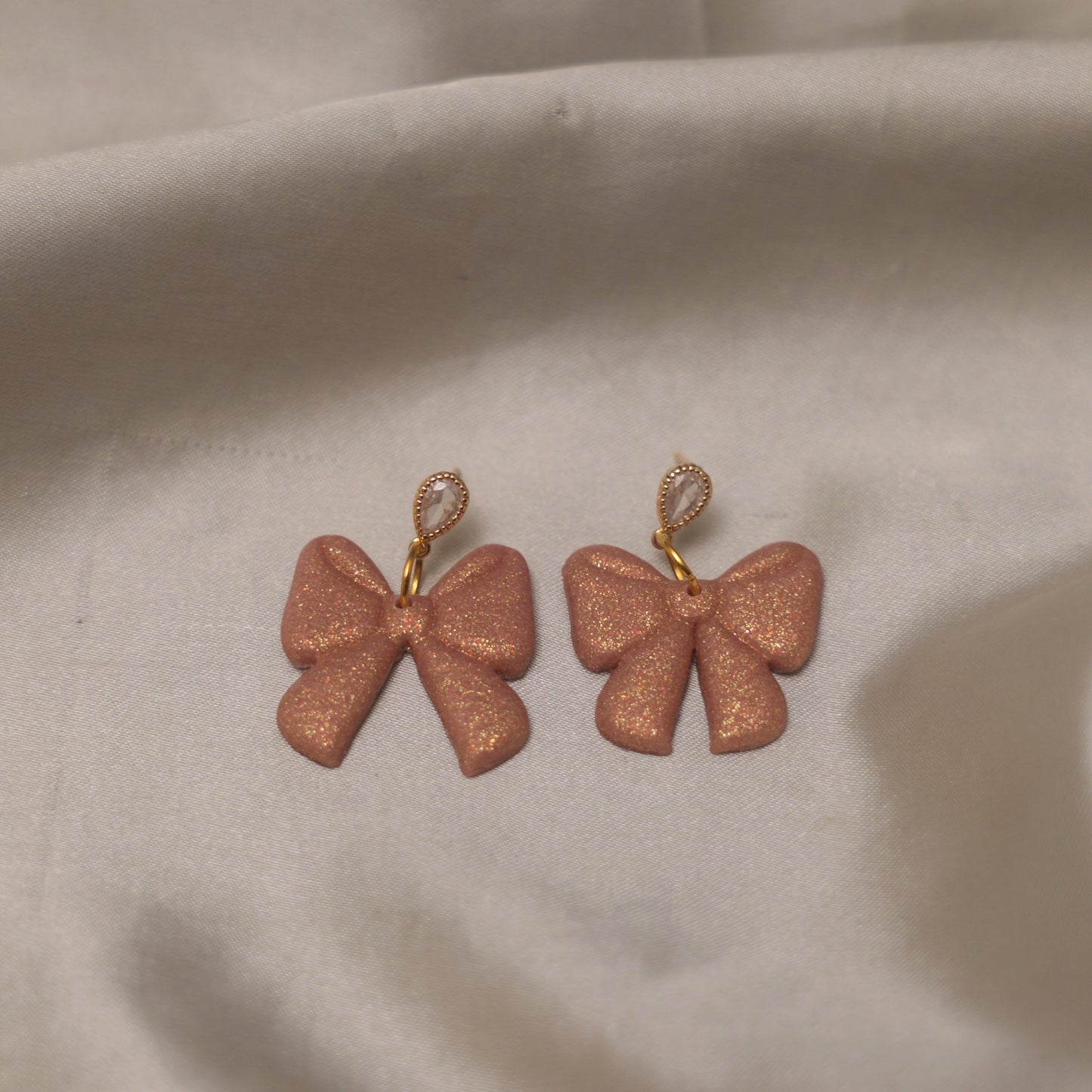 Champagne Shimmery Bow Dangle Earrings