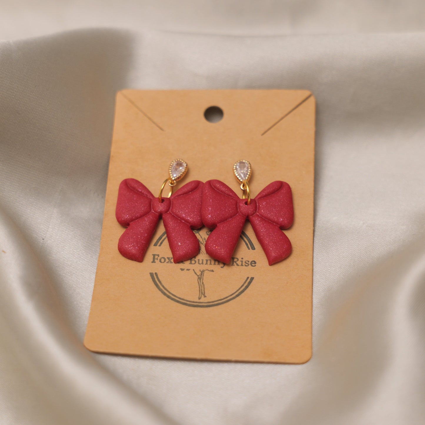 Red Shimmery Bow Dangle Earrings