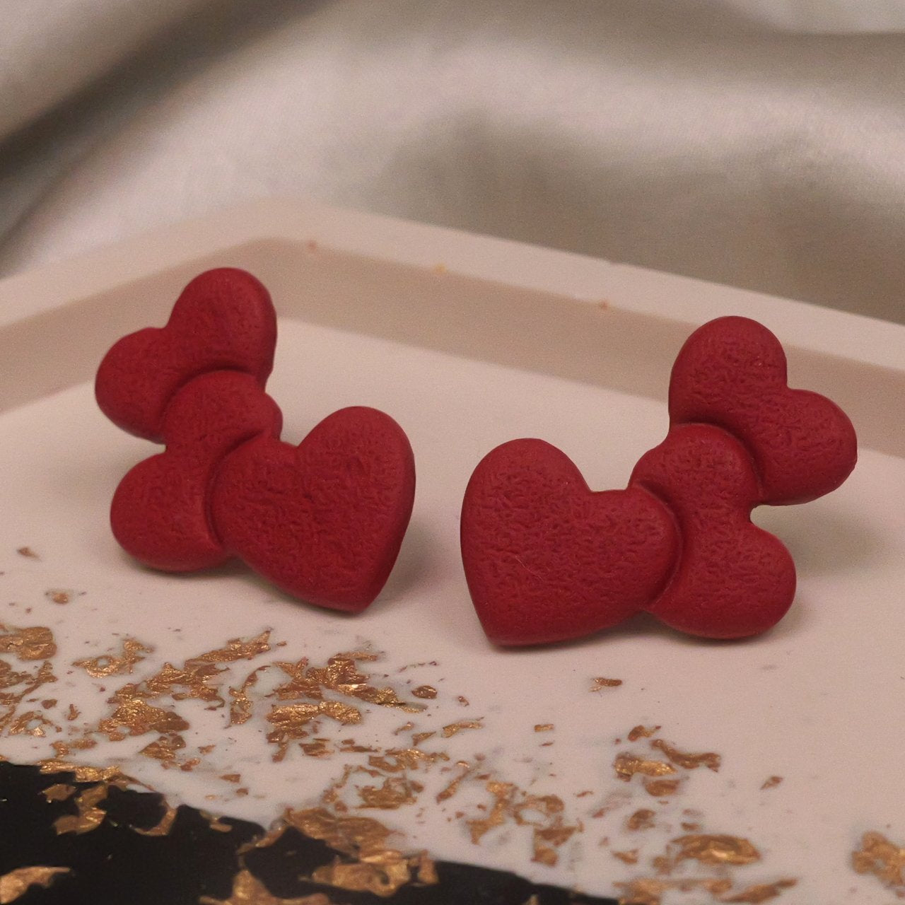 Textured Triple Heart Studs - Dark Red
