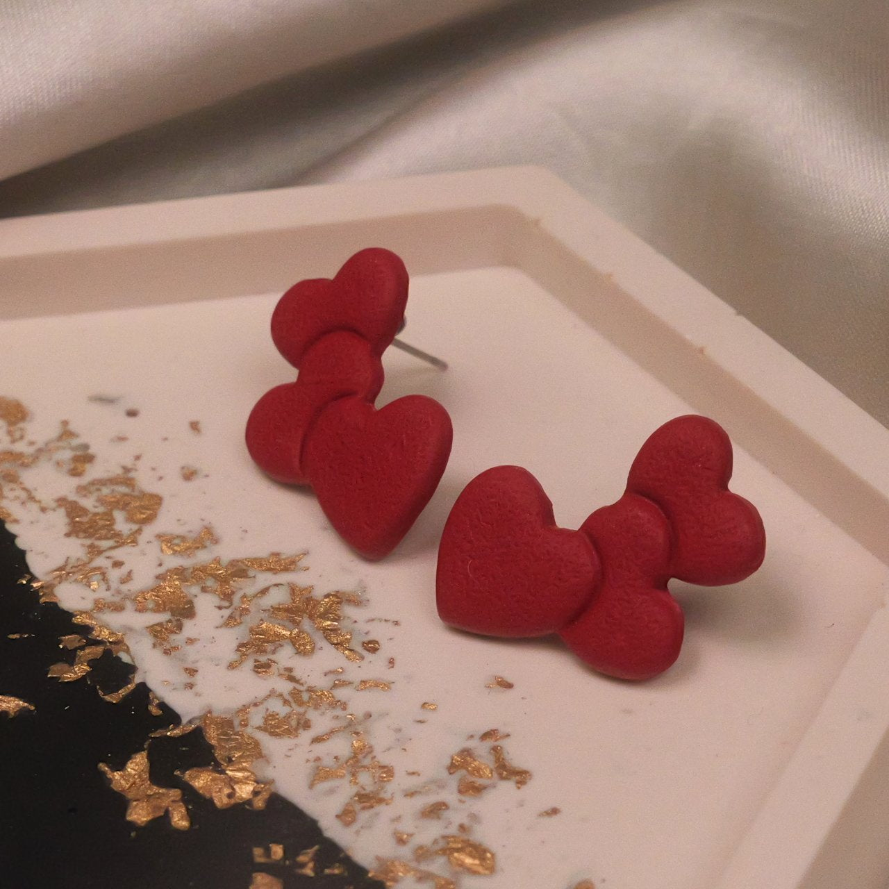 Textured Triple Heart Studs - Dark Red