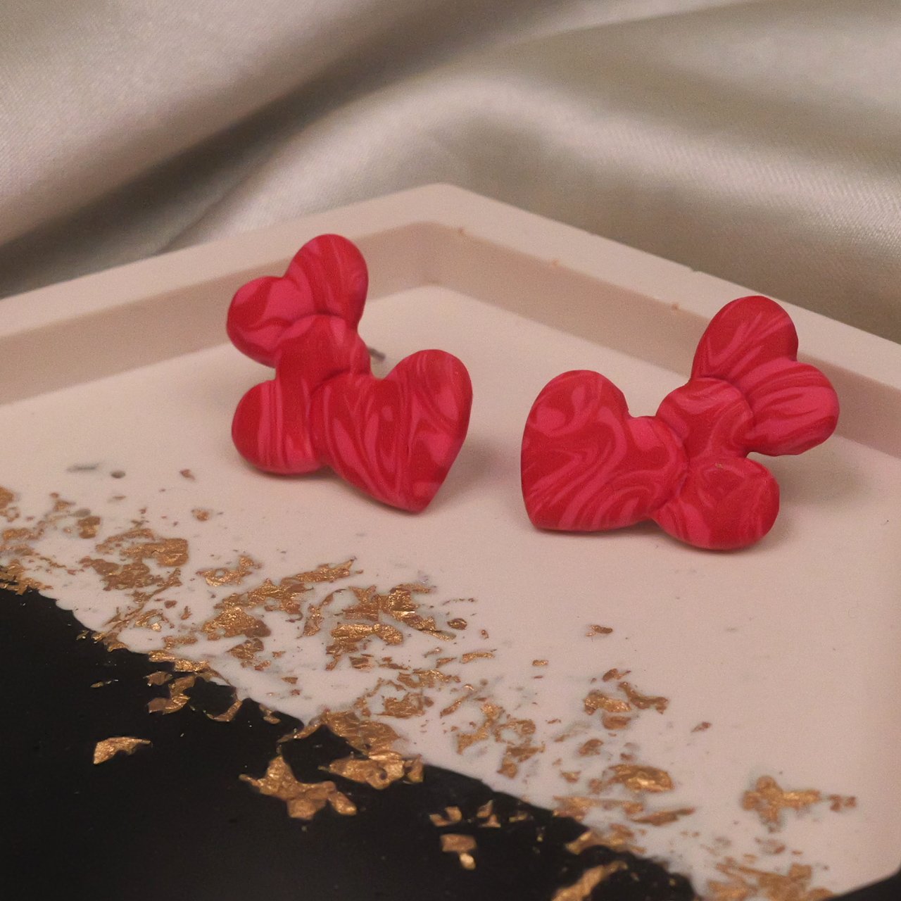 Triple Heart Studs - Red and Pink Swirls