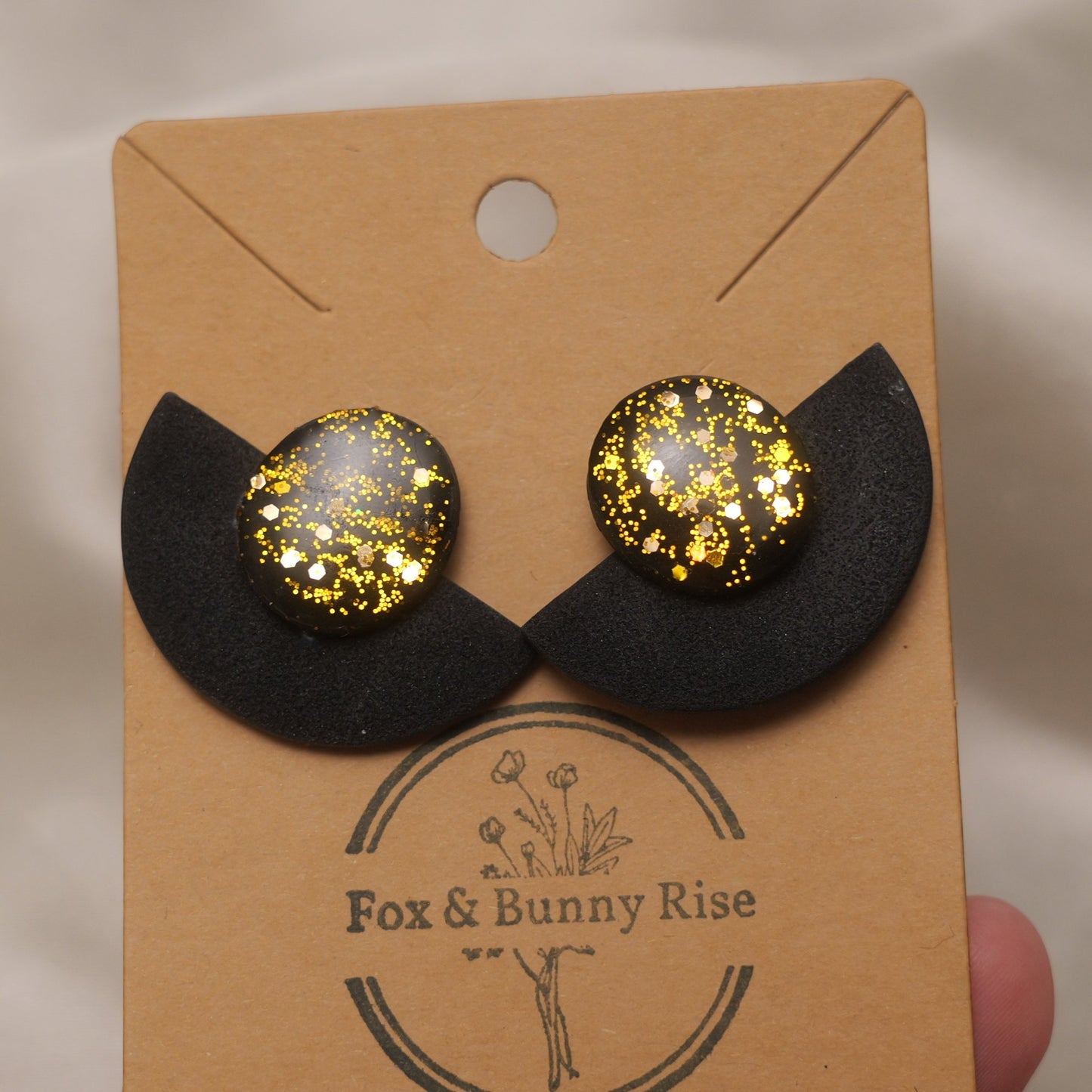 Black Matte and Glossy Gold Glitter Stud Earrings