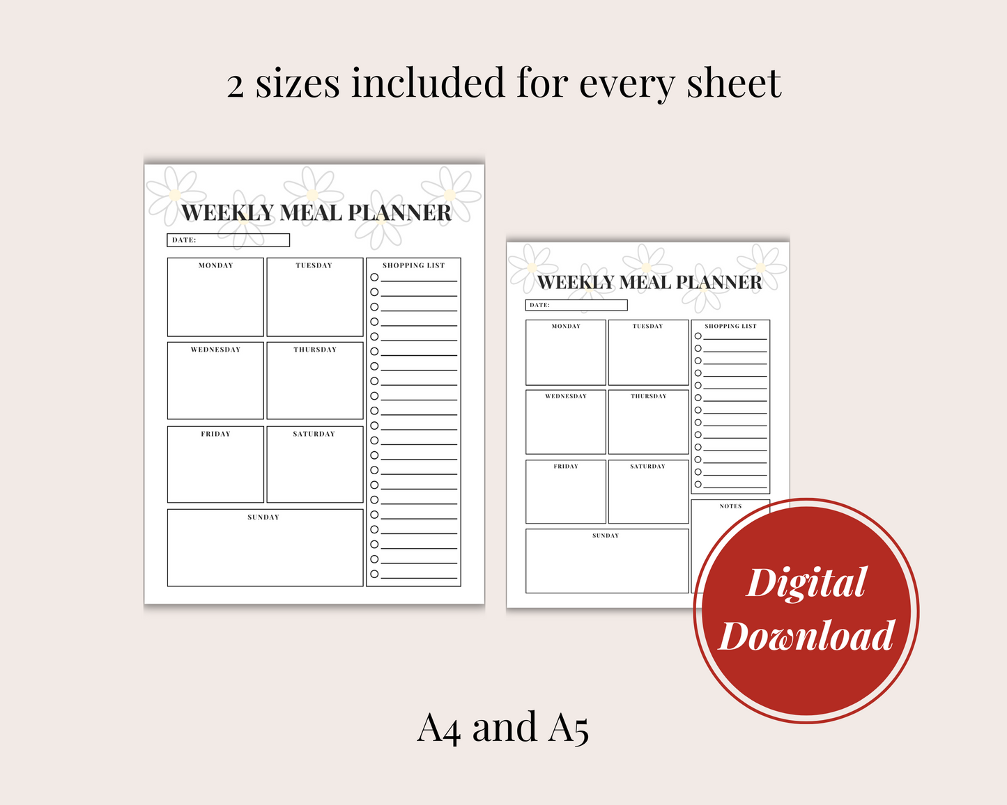 Daisy Weekly Meal Planner + Shopping List, Digital Download, 2 Sheets