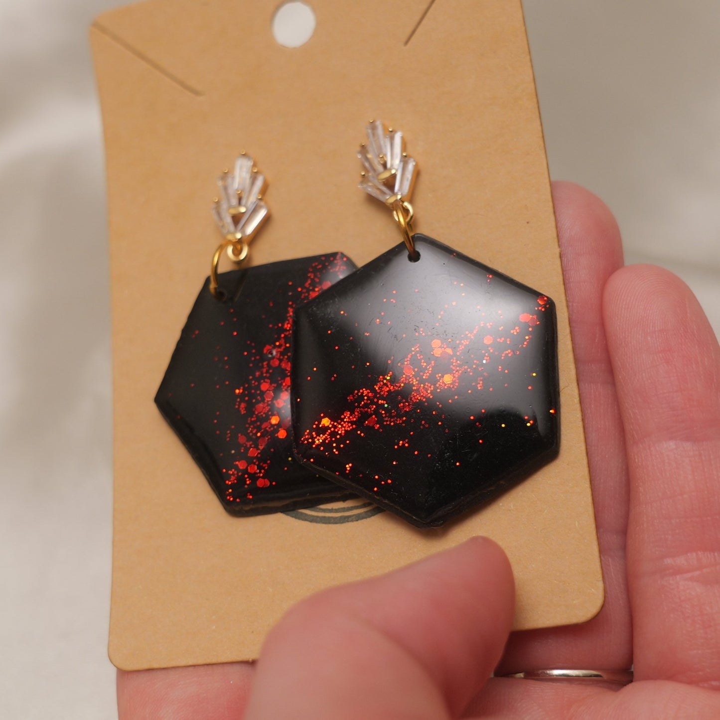 Black with Red Glitter Hexagonal Dangle Earrings