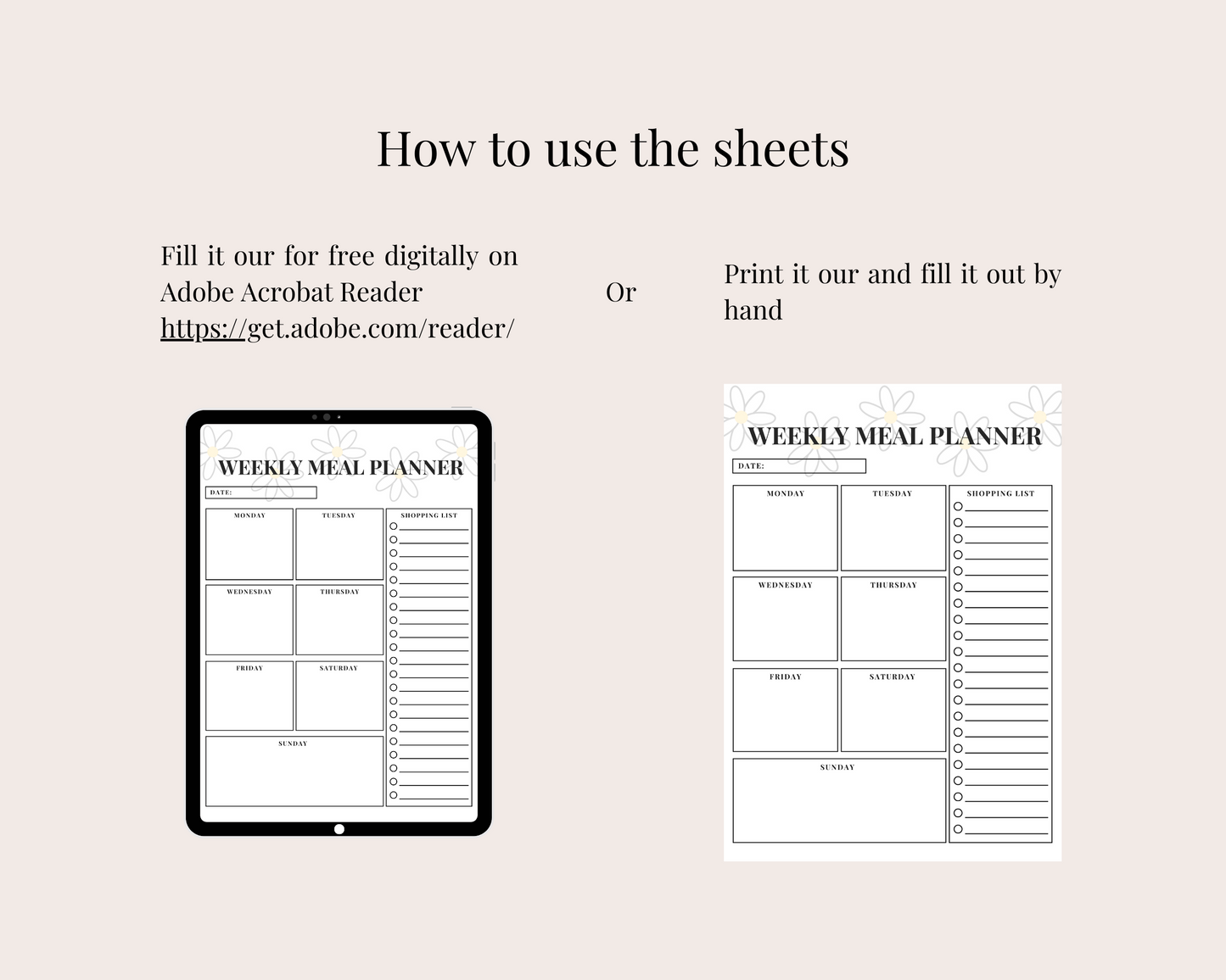 Daisy Weekly Meal Planner + Shopping List, Digital Download, 2 Sheets