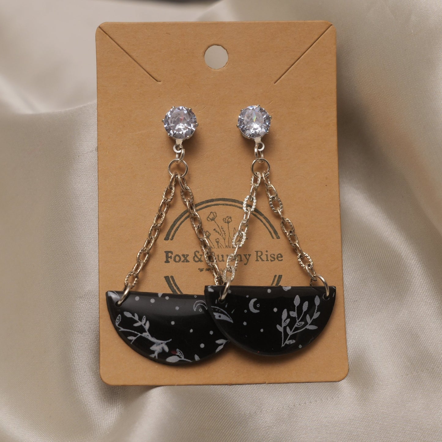 Black with White Nature Design Dangle Earrings with Chains and Zirconia