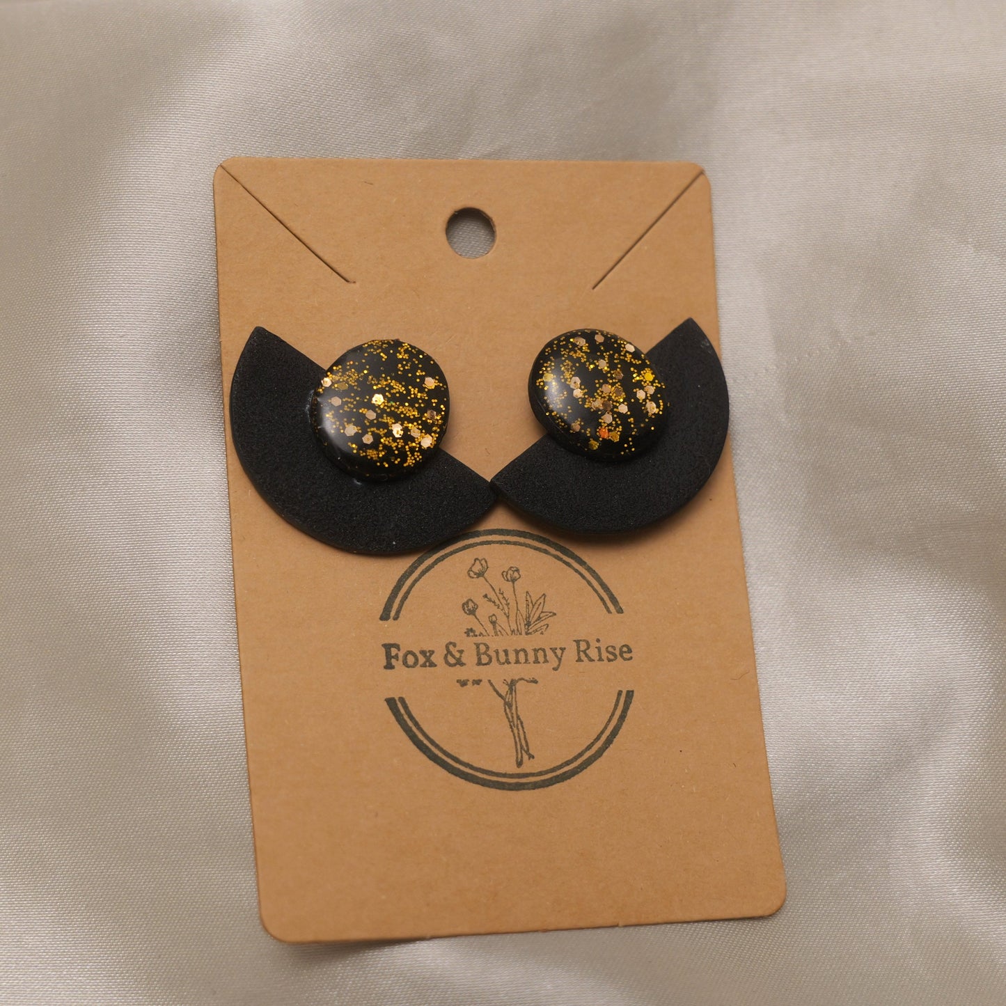 Black Matte and Glossy Gold Glitter Stud Earrings