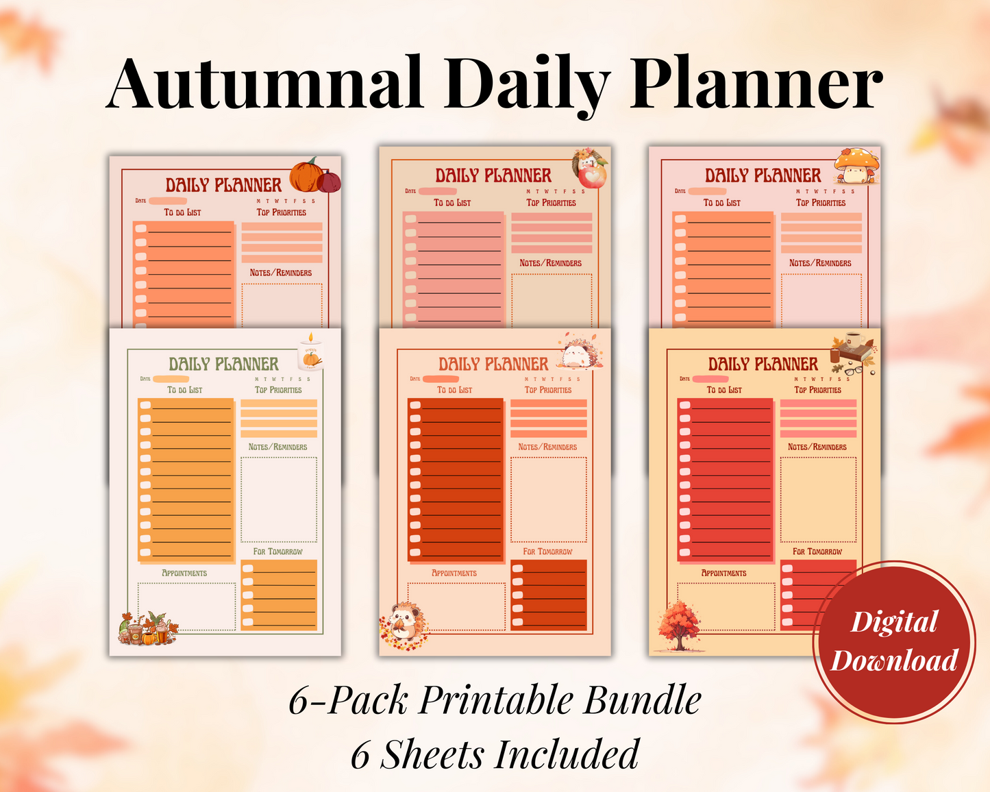 Autumnal Daily Digital Planner Bundle, Digital Download, 6 Sheets