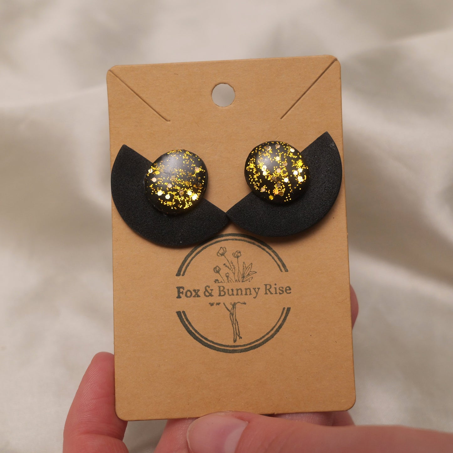 Black Matte and Glossy Gold Glitter Stud Earrings