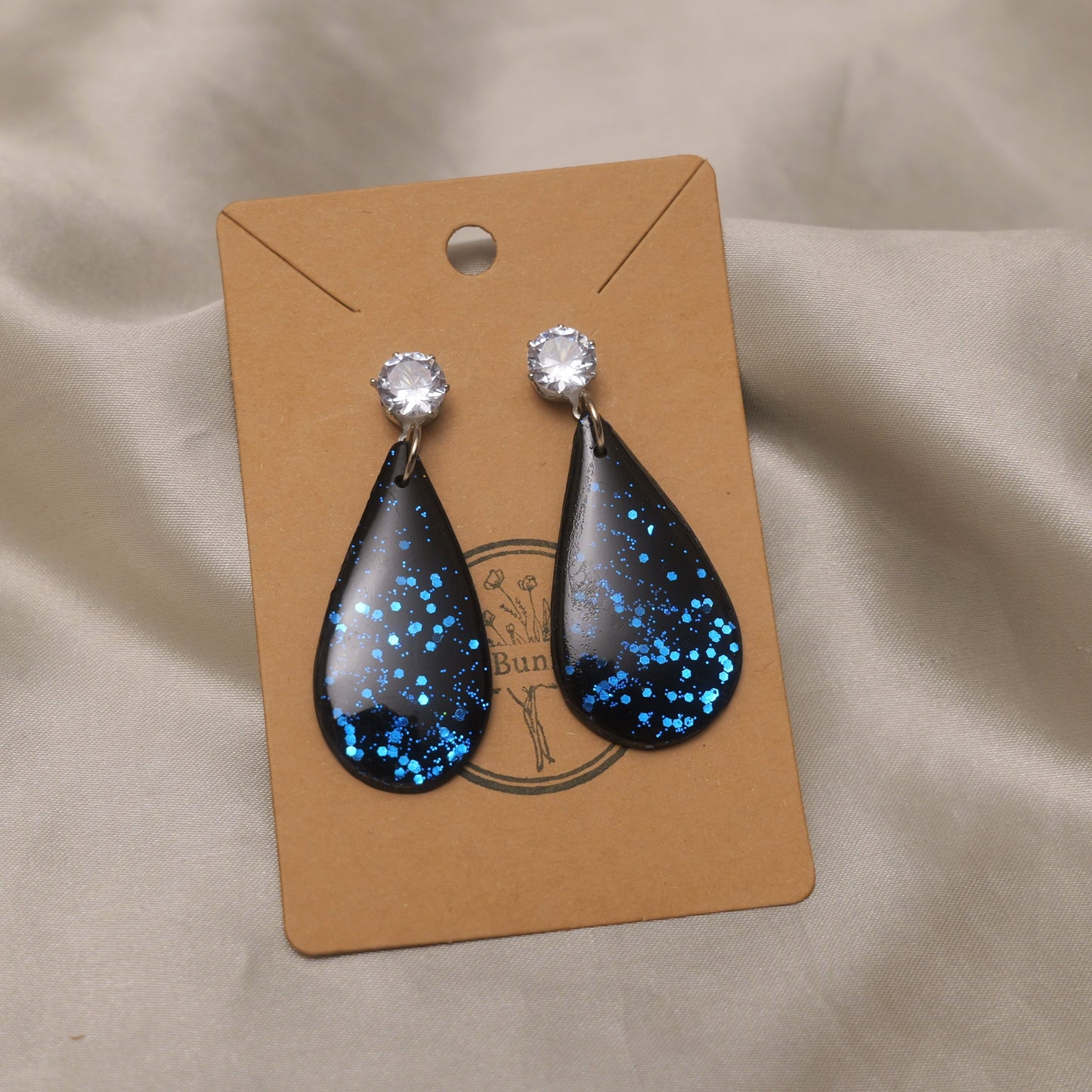 Black with Blue Glitter and Zirconia Teardrop Dangle Earrings
