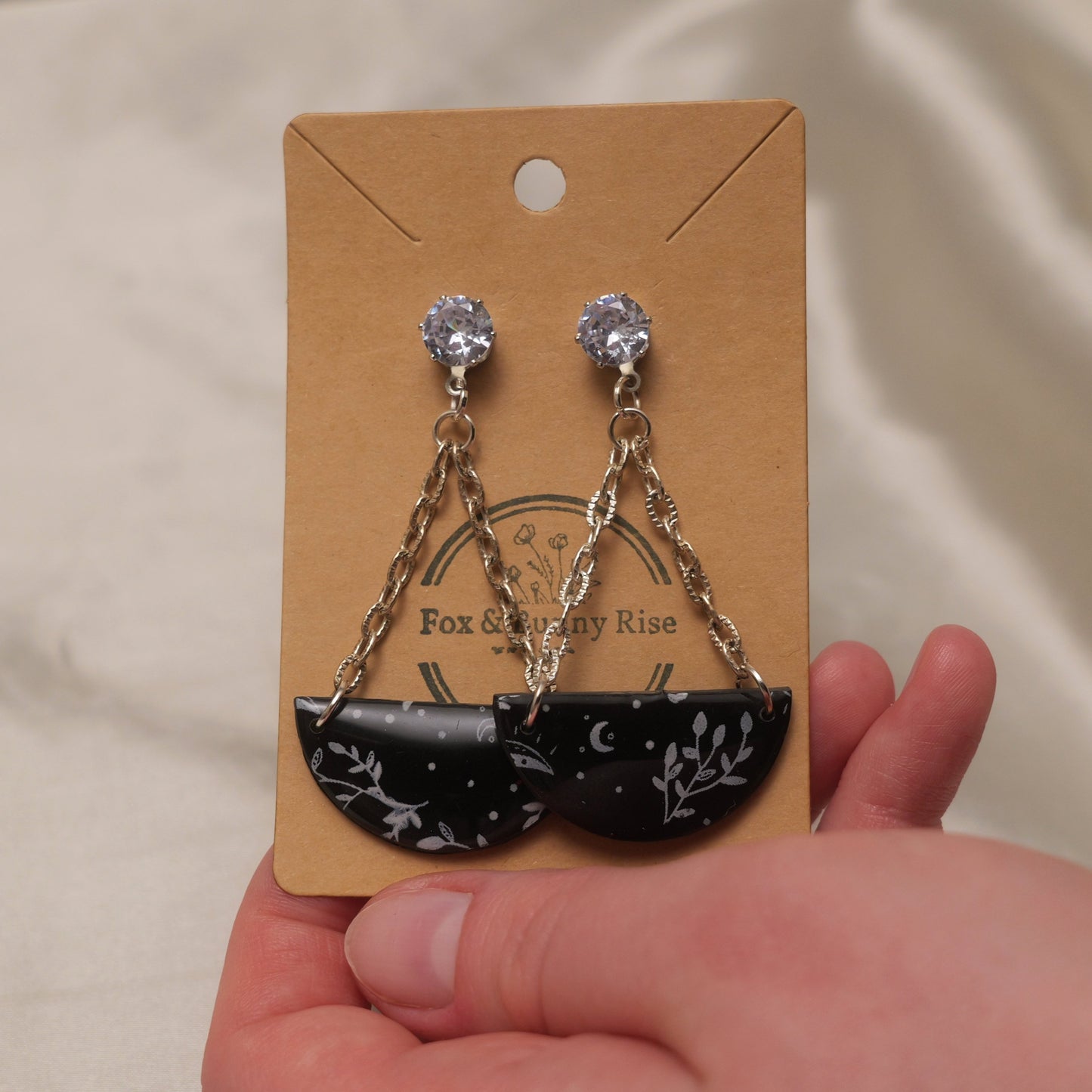 Black with White Nature Design Dangle Earrings with Chains and Zirconia