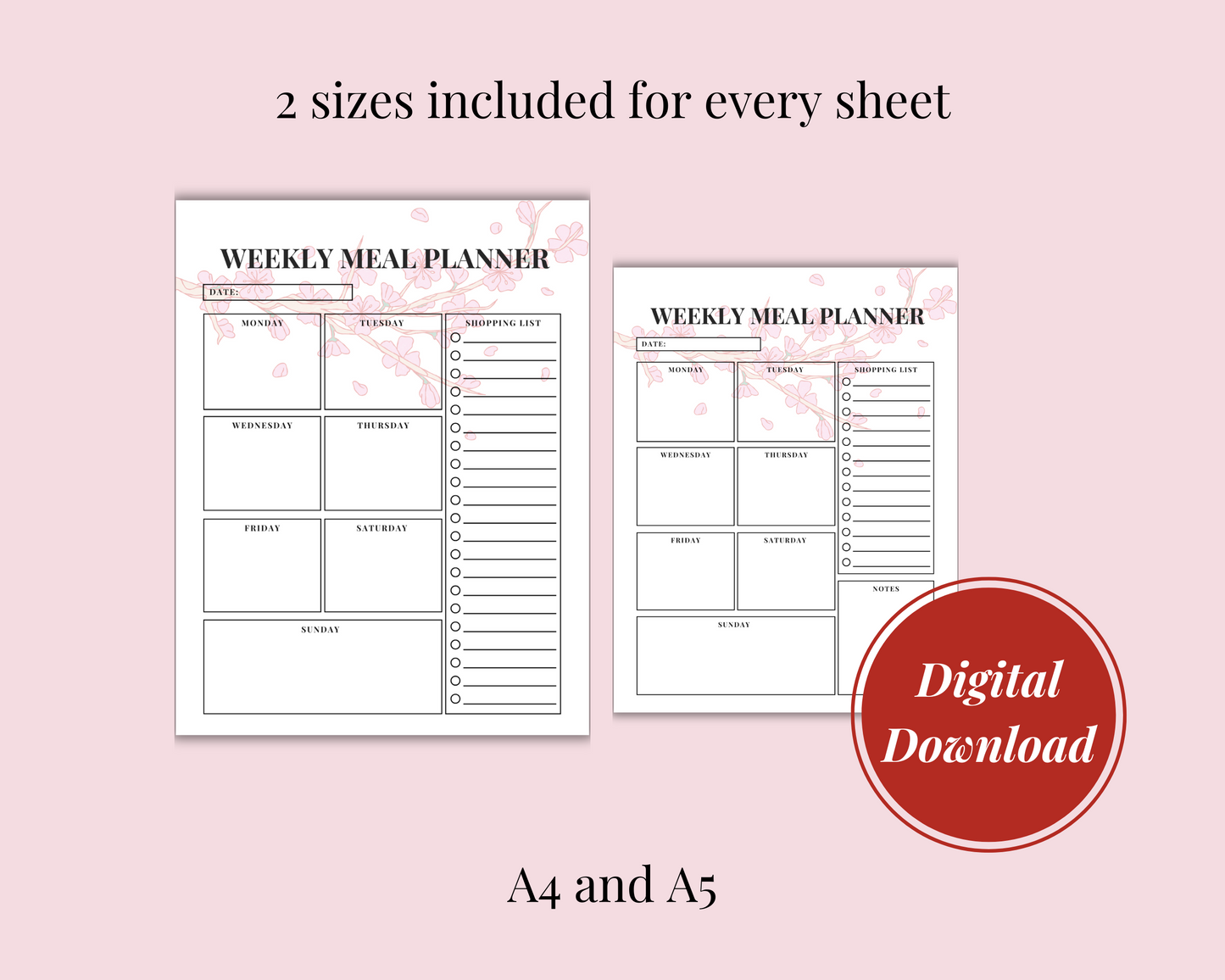 Cherry Blossom Weekly Meal Planner + Shopping List, Digital Download, 2 Sheets