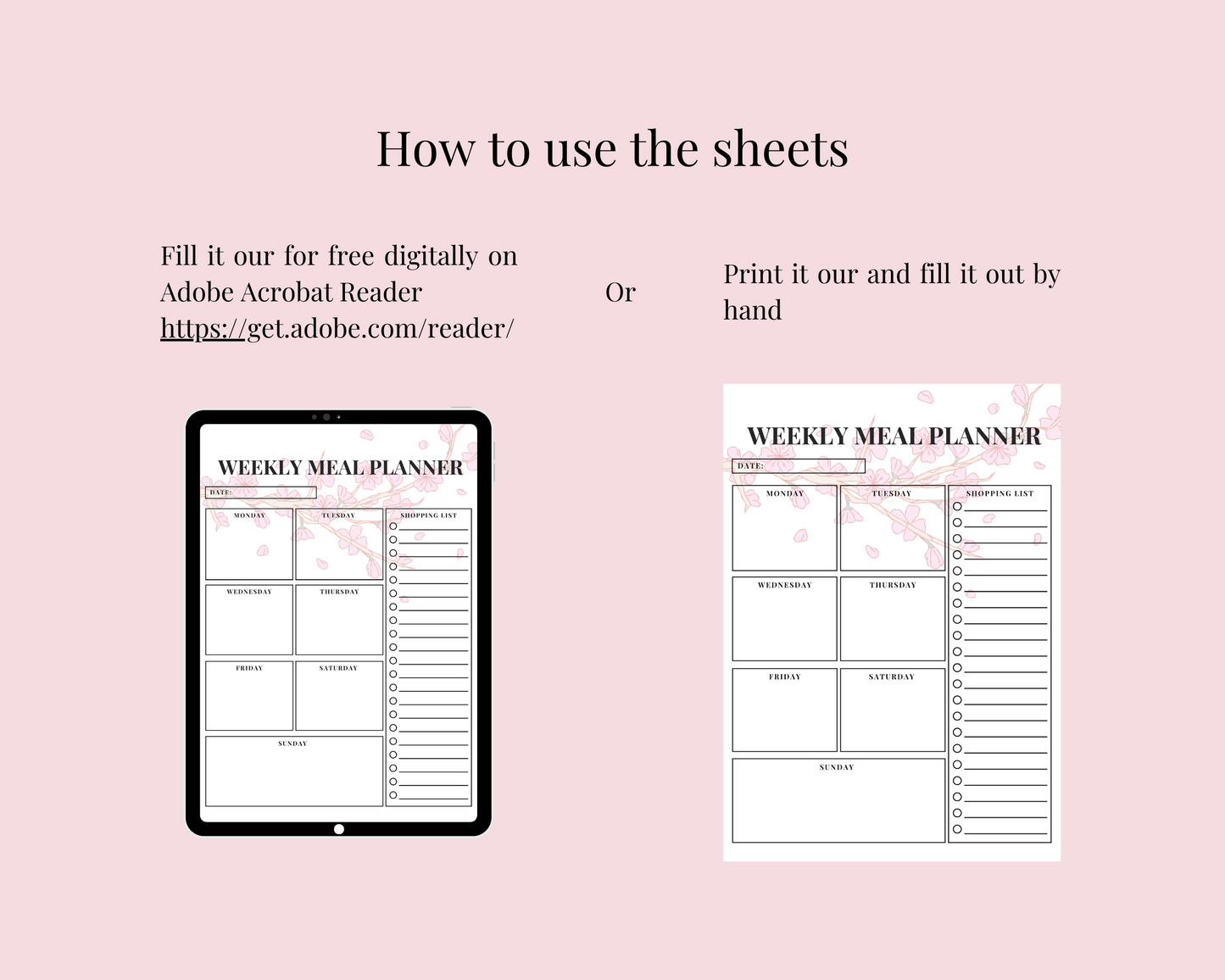 Cherry Blossom Weekly Meal Planner + Shopping List, Digital Download, 2 Sheets