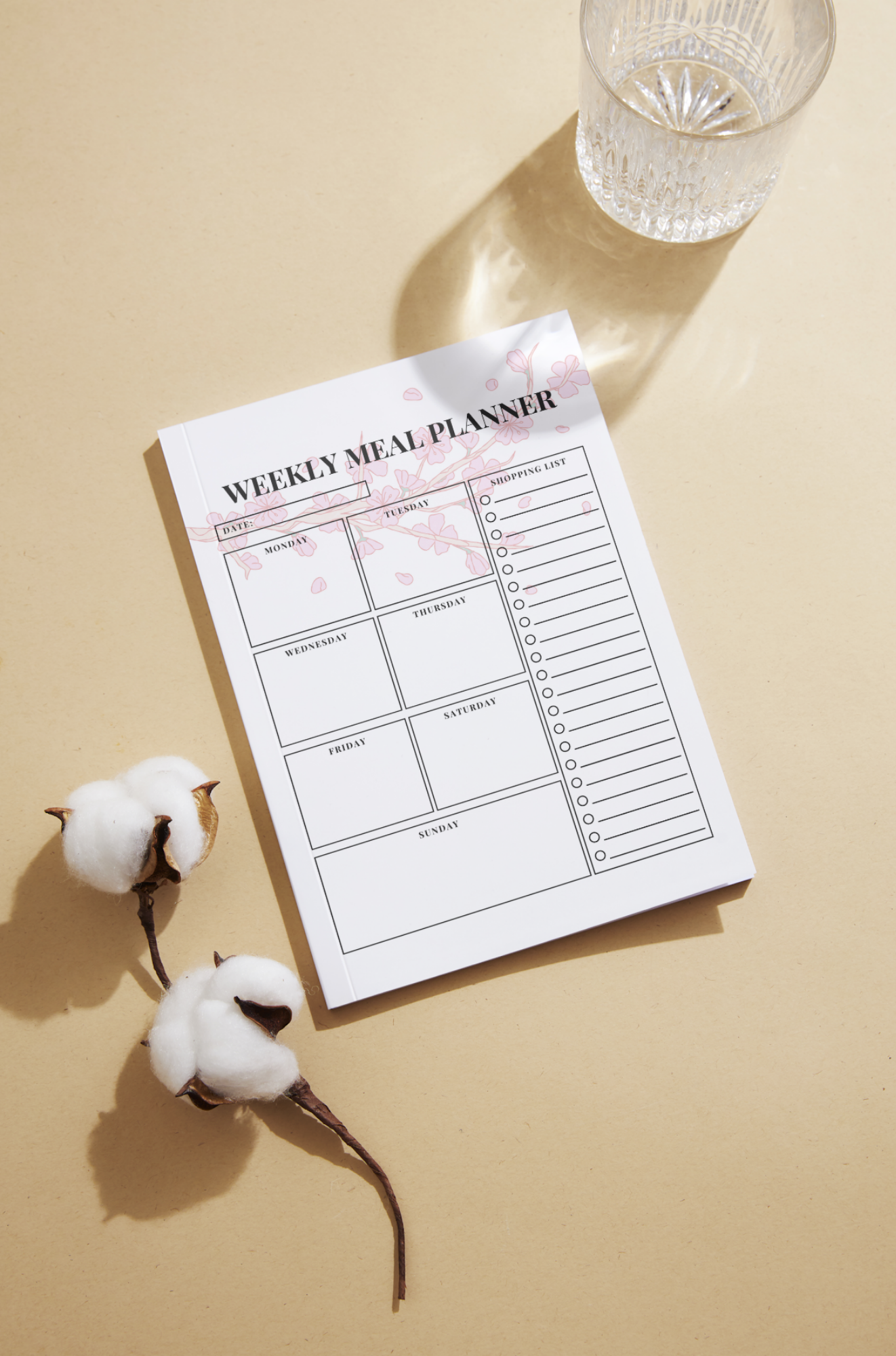 Cherry Blossom Weekly Meal Planner + Shopping List, Digital Download, 2 Sheets