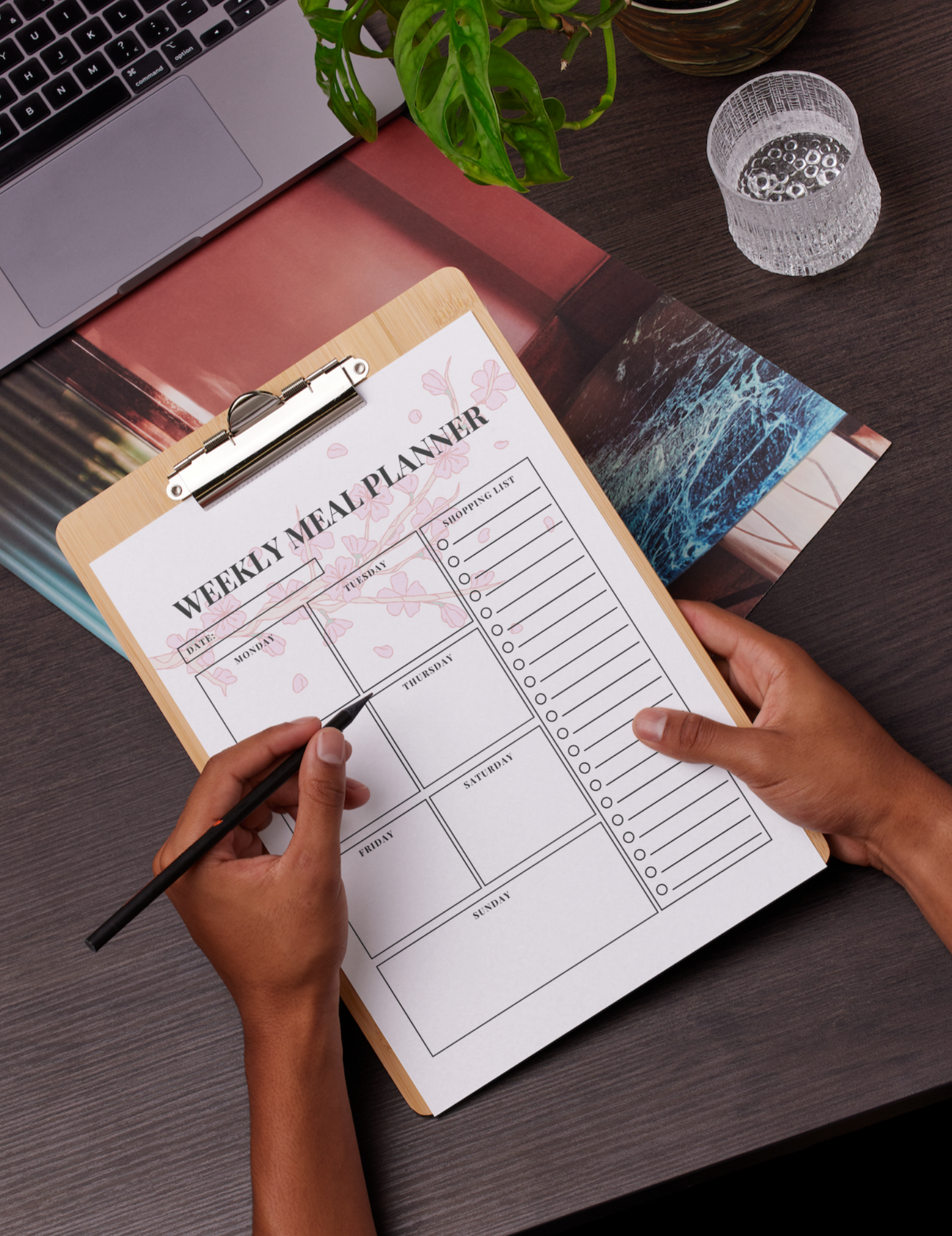 Cherry Blossom Weekly Meal Planner + Shopping List, Digital Download, 2 Sheets