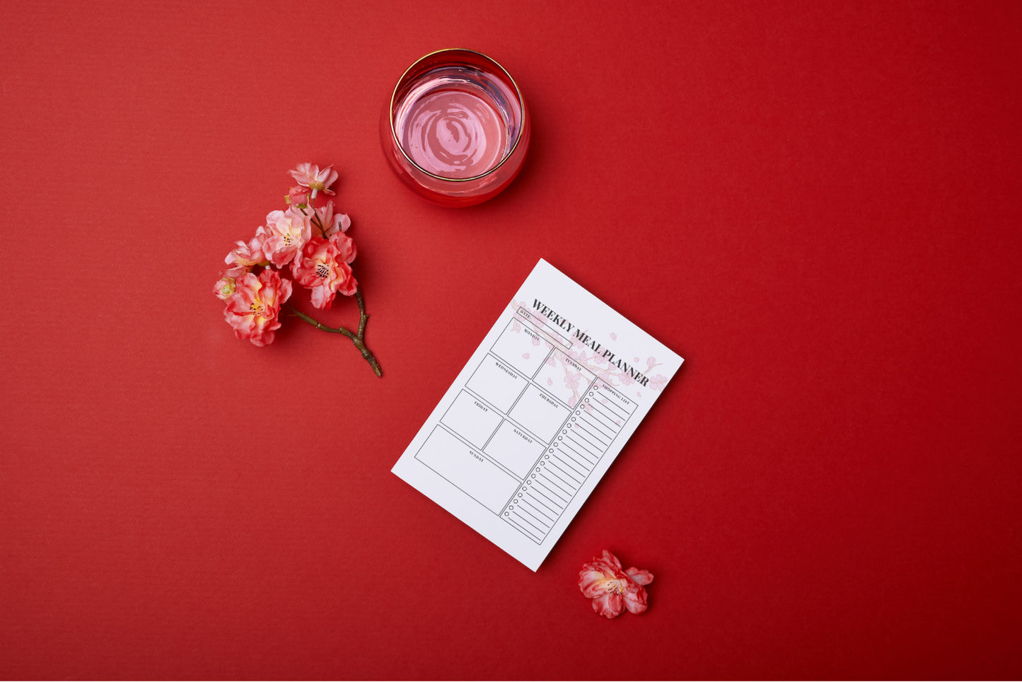 Cherry Blossom Weekly Meal Planner + Shopping List, Digital Download, 2 Sheets