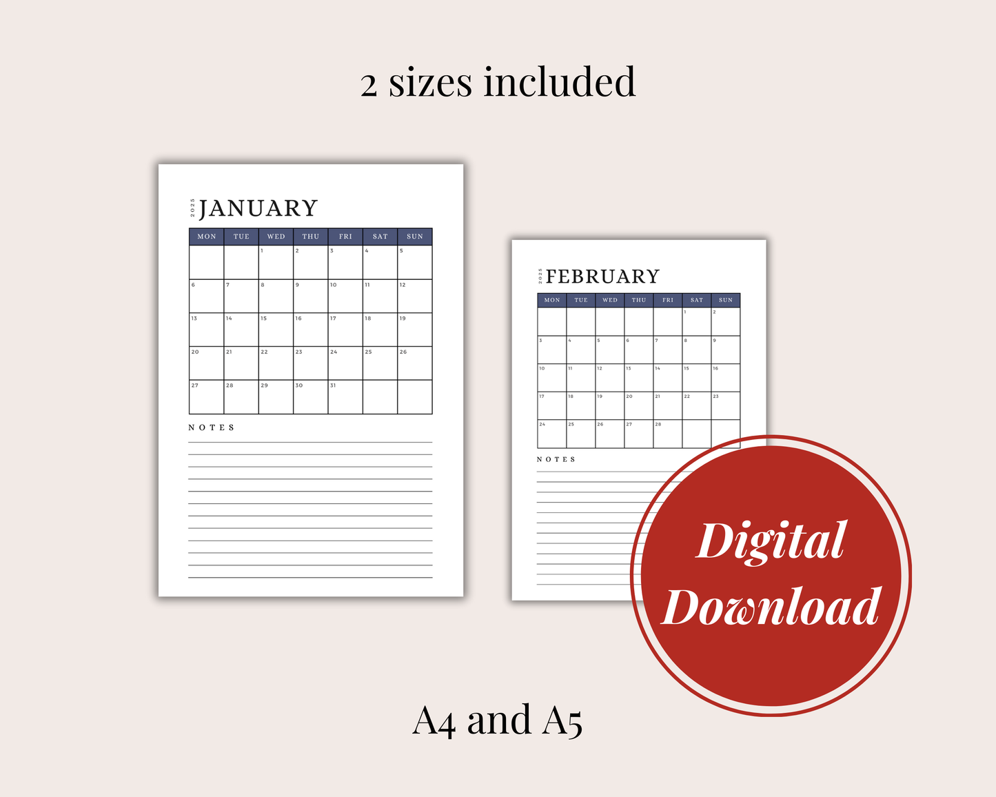2025 Digital Printable Calendar with Notes, A4/A5 Size Digital Download, PDF Download/ Month At A Glance - Future Dusk