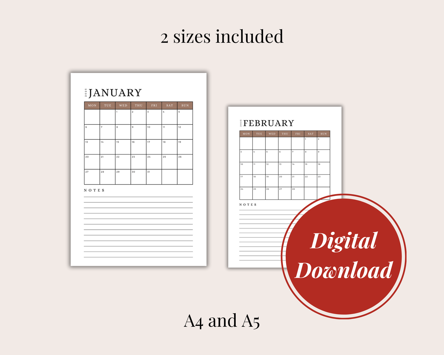 2025 Digital Printable Calendar with Notes, A4/A5 Size Digital Download, PDF Download/ Month At A Glance - Mocha Mousse