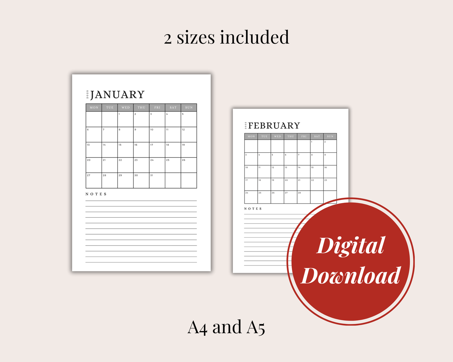 2025 Digital Printable Calendar with Notes, A4/A5 Size Digital Download, PDF Download/ Month At A Glance - Grey