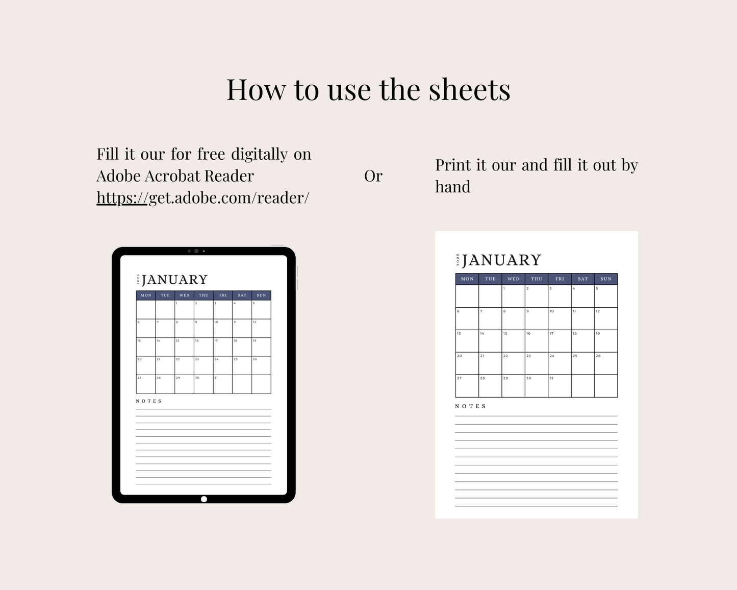 2025 Digital Printable Calendar with Notes, A4/A5 Size Digital Download, PDF Download/ Month At A Glance - Future Dusk