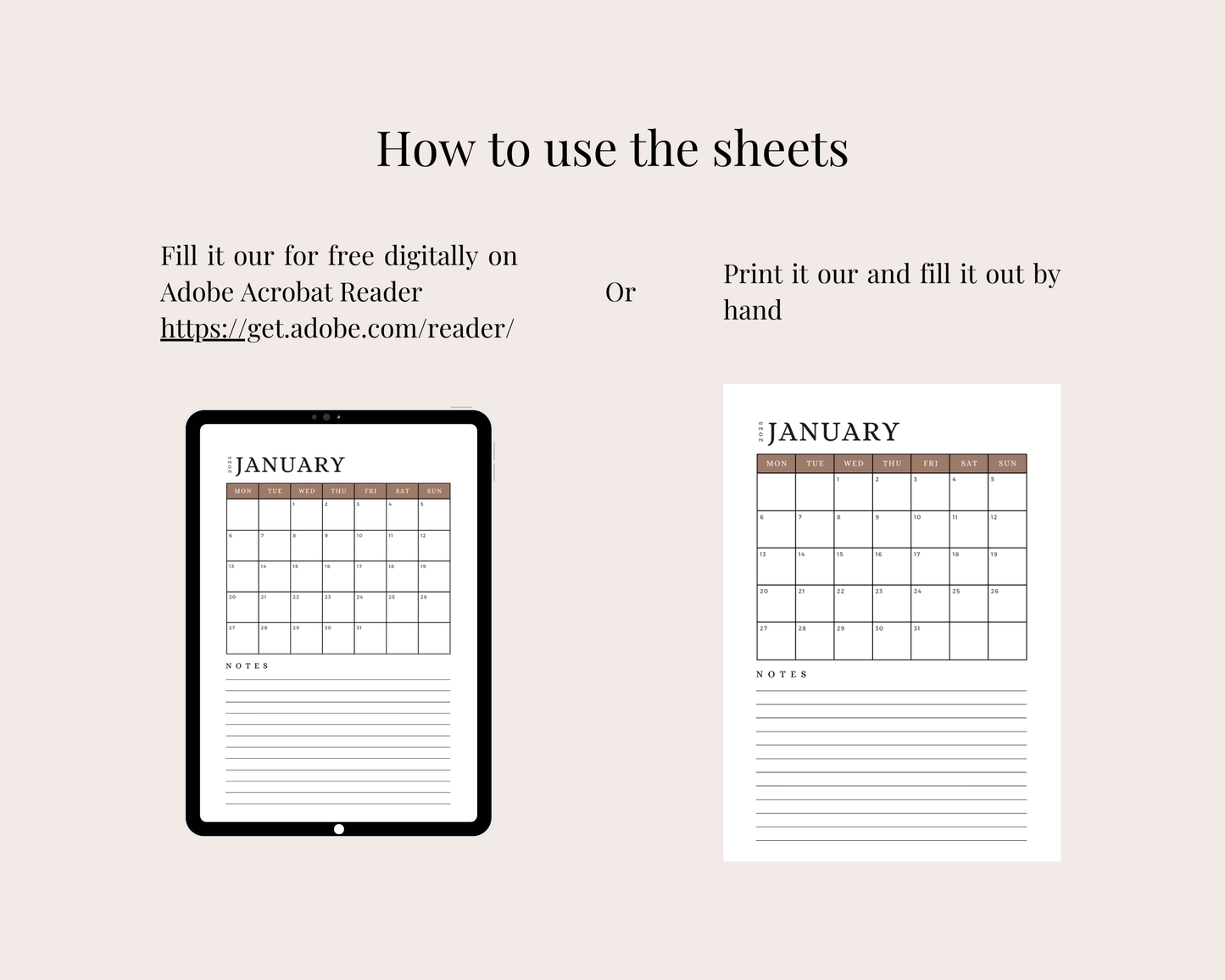 2025 Digital Printable Calendar with Notes, A4/A5 Size Digital Download, PDF Download/ Month At A Glance - Mocha Mousse