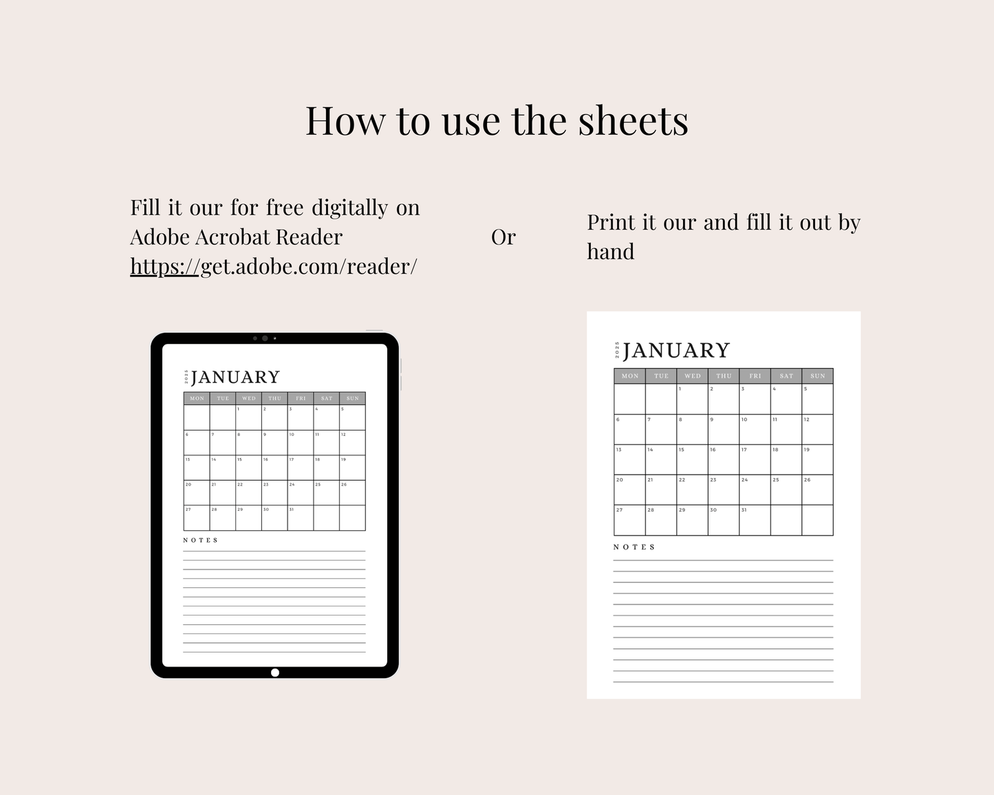 2025 Digital Printable Calendar with Notes, A4/A5 Size Digital Download, PDF Download/ Month At A Glance - Grey
