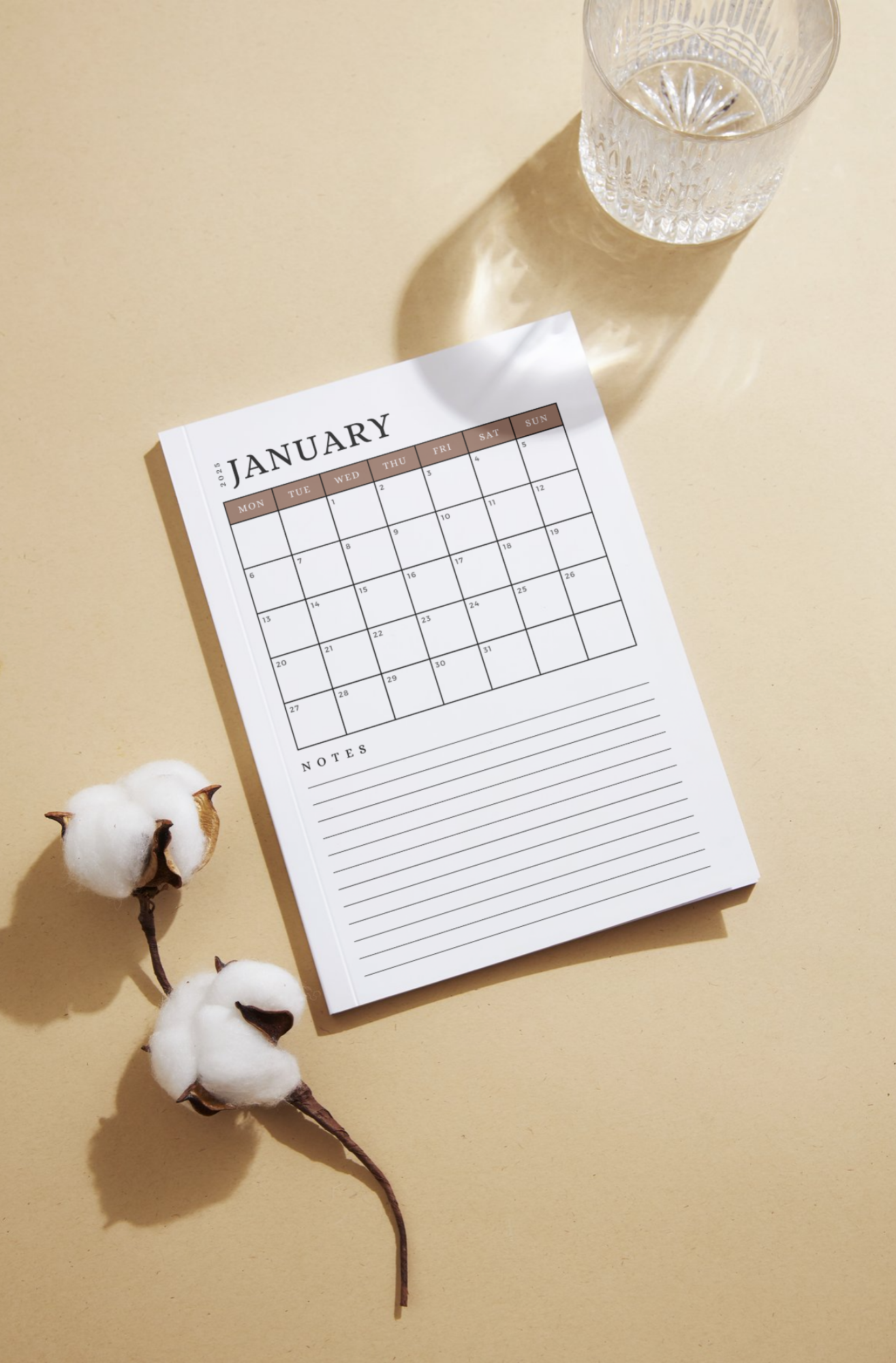 2025 Digital Printable Calendar with Notes, A4/A5 Size Digital Download, PDF Download/ Month At A Glance - Mocha Mousse