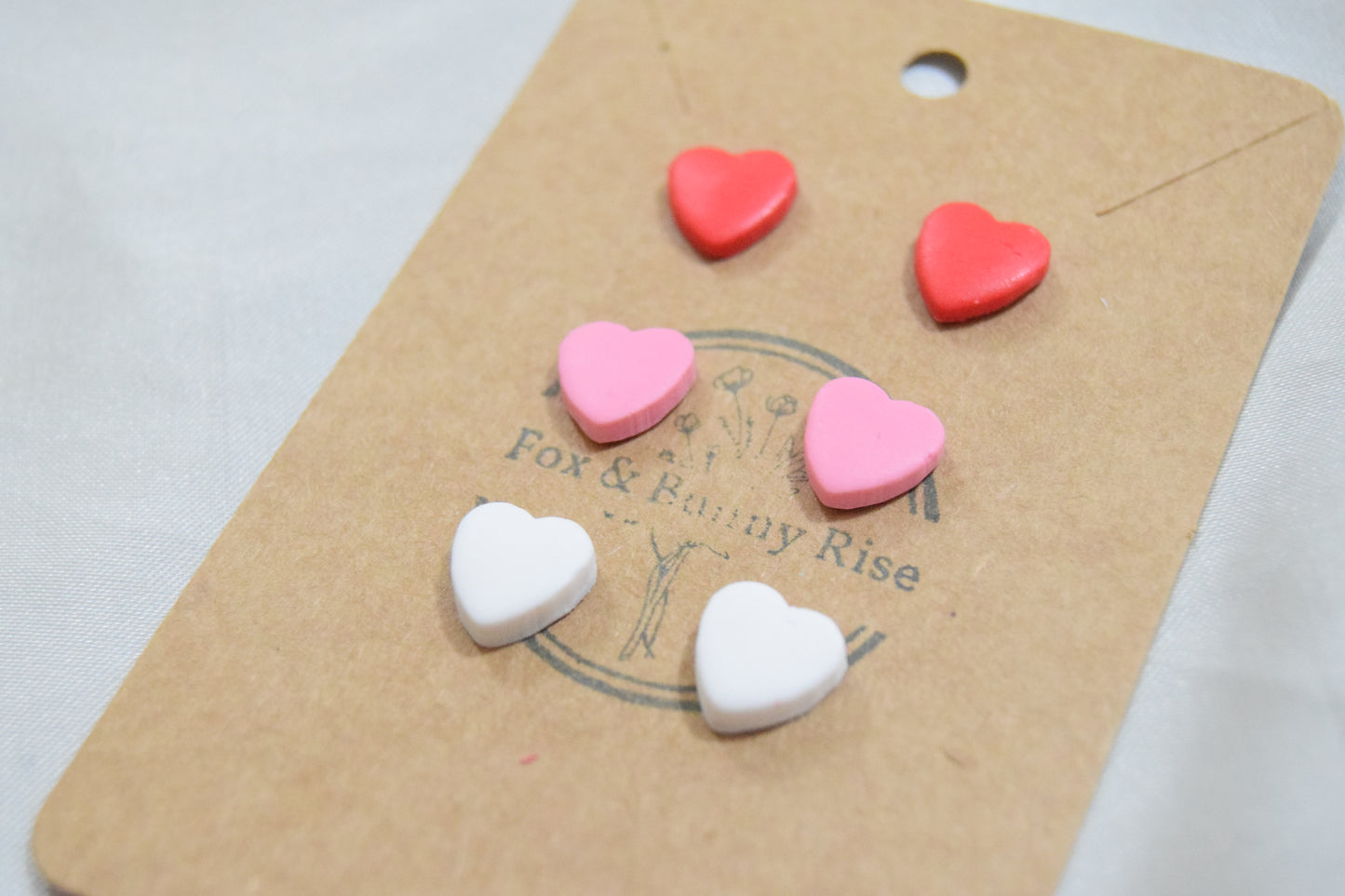 Polymer Clay Pink, Red and White Heart Stud Earrings Set
