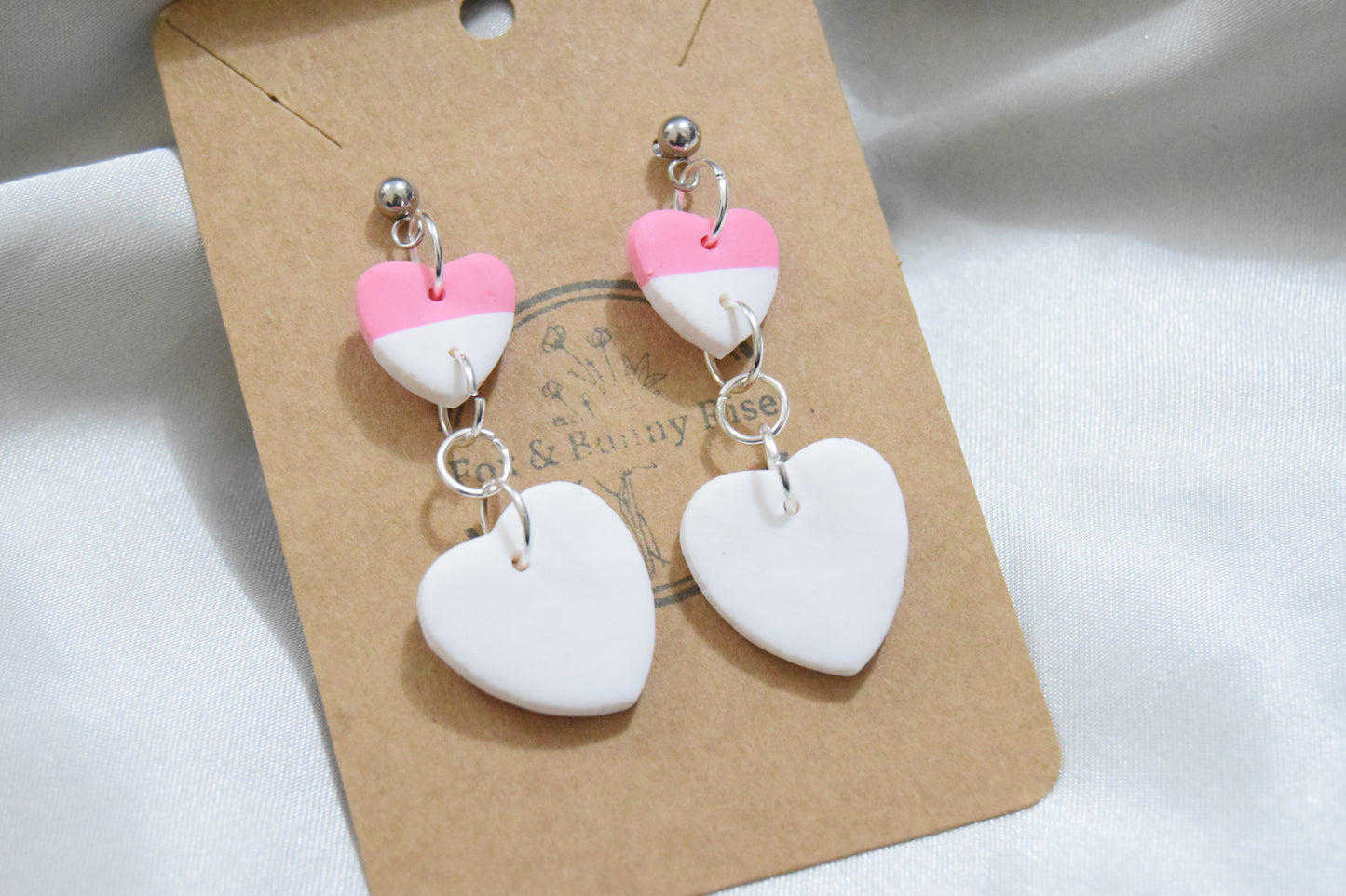 Polymer Clay Pink and White Dangling Heart Earrings