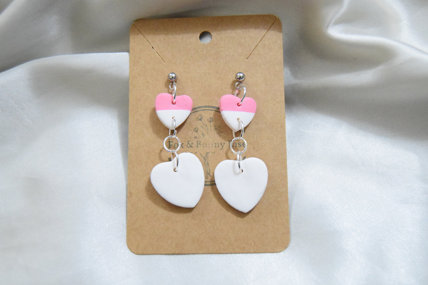 Polymer Clay Pink and White Dangling Heart Earrings