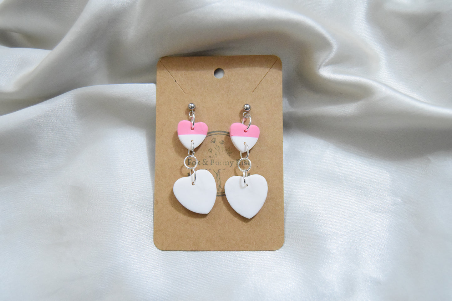 Polymer Clay Pink and White Dangling Heart Earrings