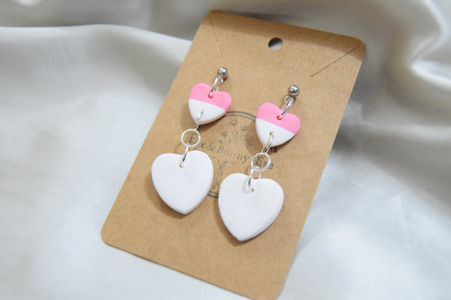Polymer Clay Pink and White Dangling Heart Earrings