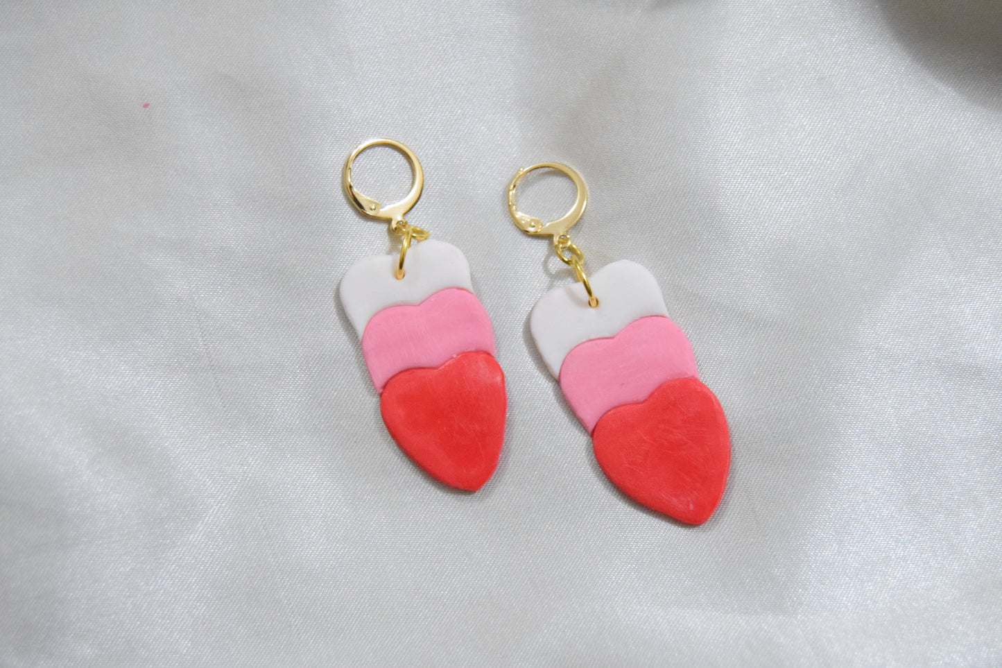 Polymer Clay White, Pink and Red Dangling Heart Earrings
