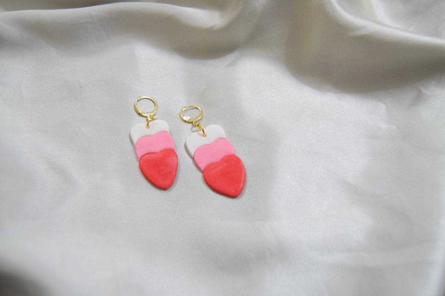 Polymer Clay White, Pink and Red Dangling Heart Earrings