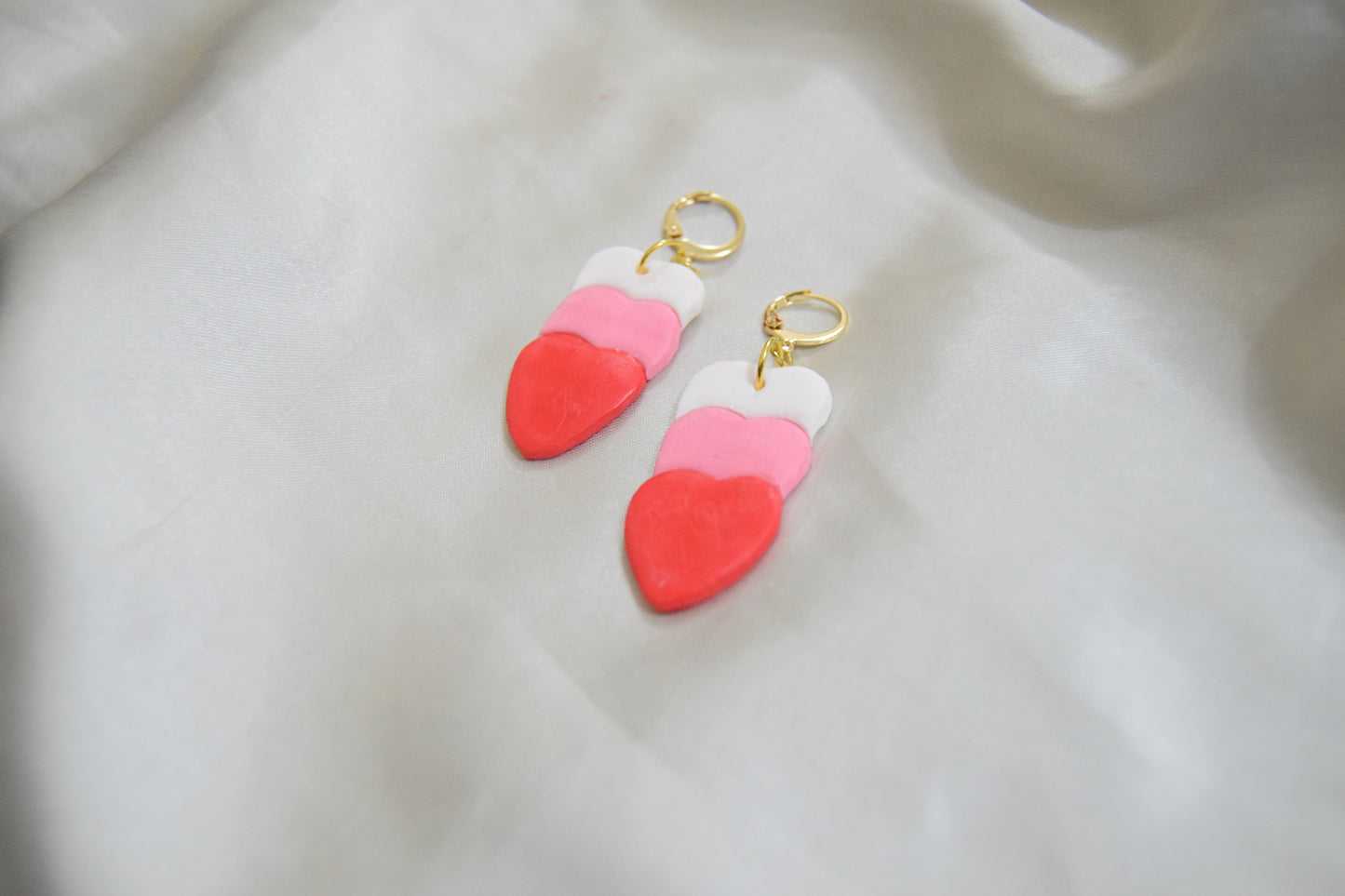 Polymer Clay White, Pink and Red Dangling Heart Earrings