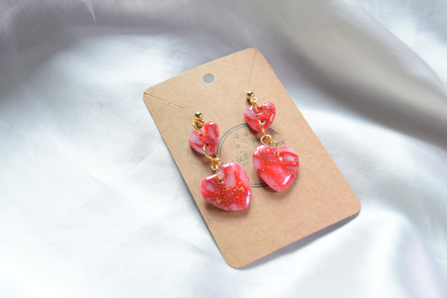 Polymer Clay Glossy Red Marble and Gold Flake Dangling Heart Earrings