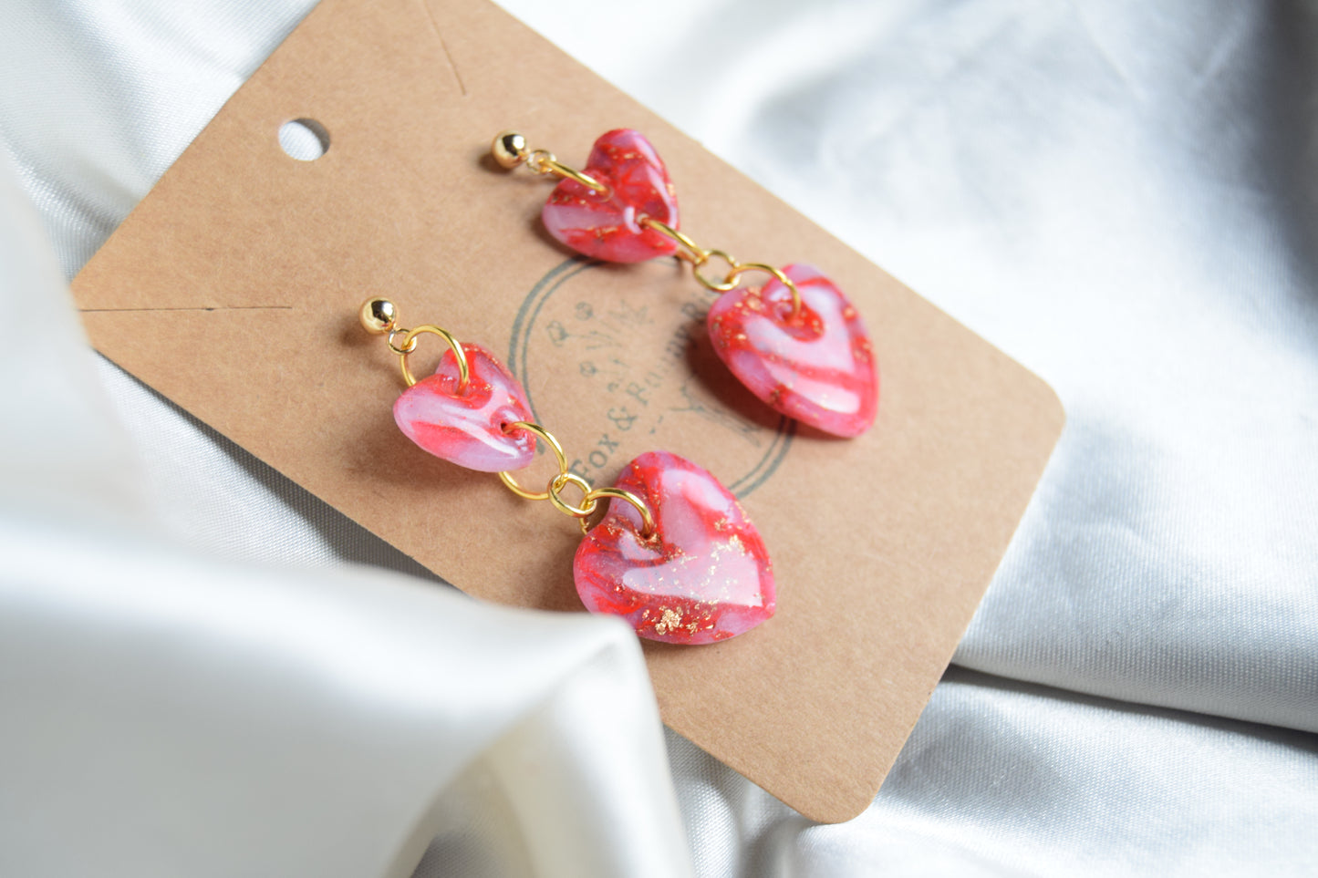 Polymer Clay Glossy Red Marble and Gold Flake Dangling Heart Earrings