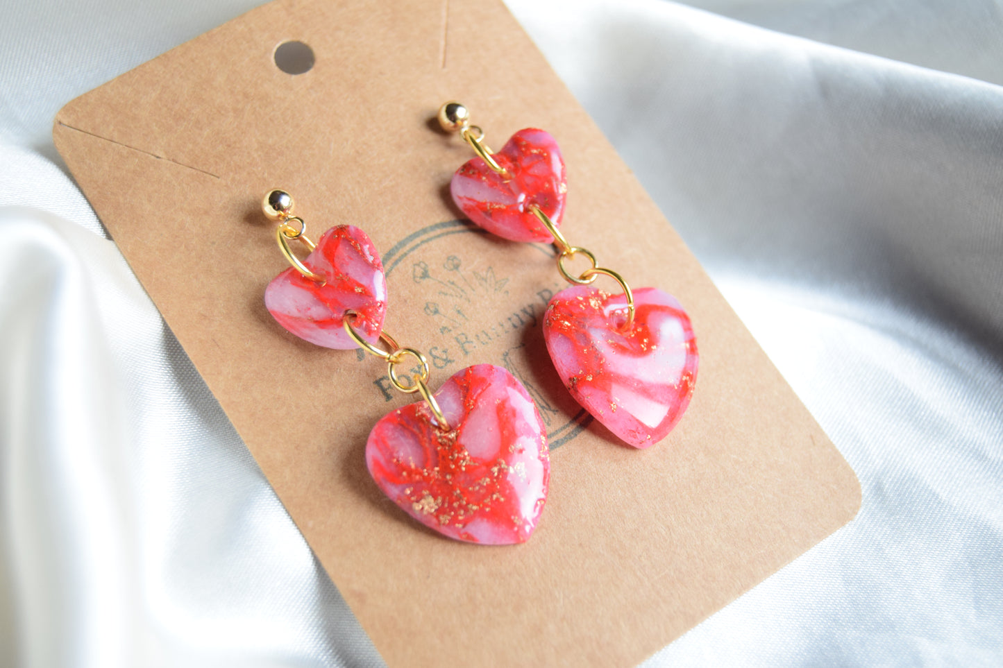Polymer Clay Glossy Red Marble and Gold Flake Dangling Heart Earrings