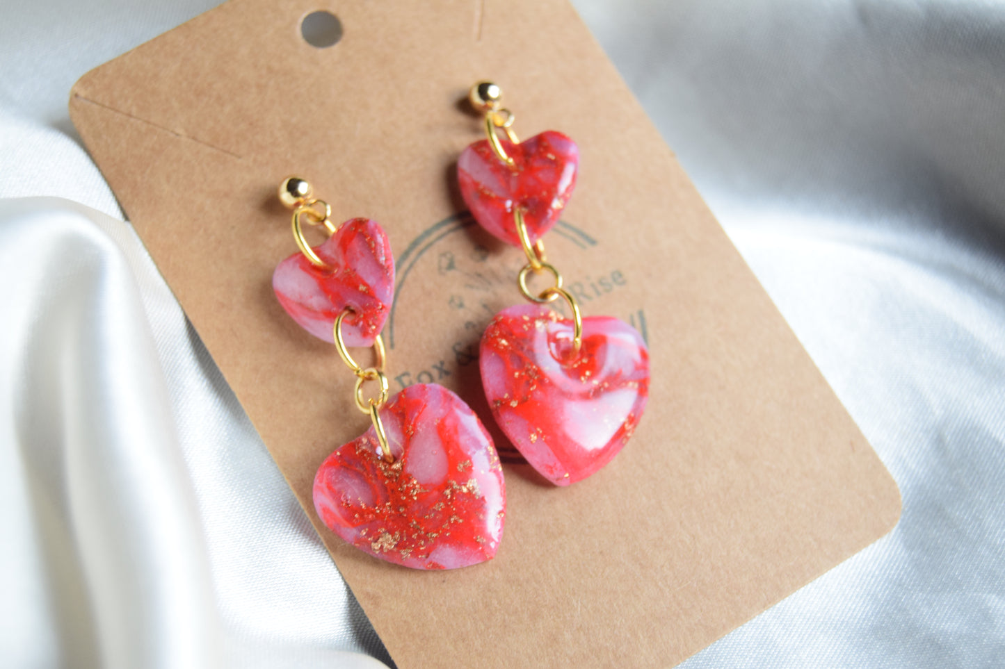 Polymer Clay Glossy Red Marble and Gold Flake Dangling Heart Earrings
