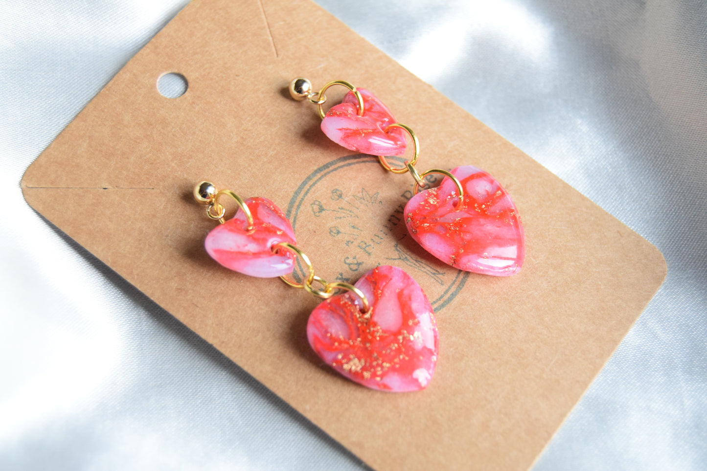 Polymer Clay Glossy Red Marble and Gold Flake Dangling Heart Earrings