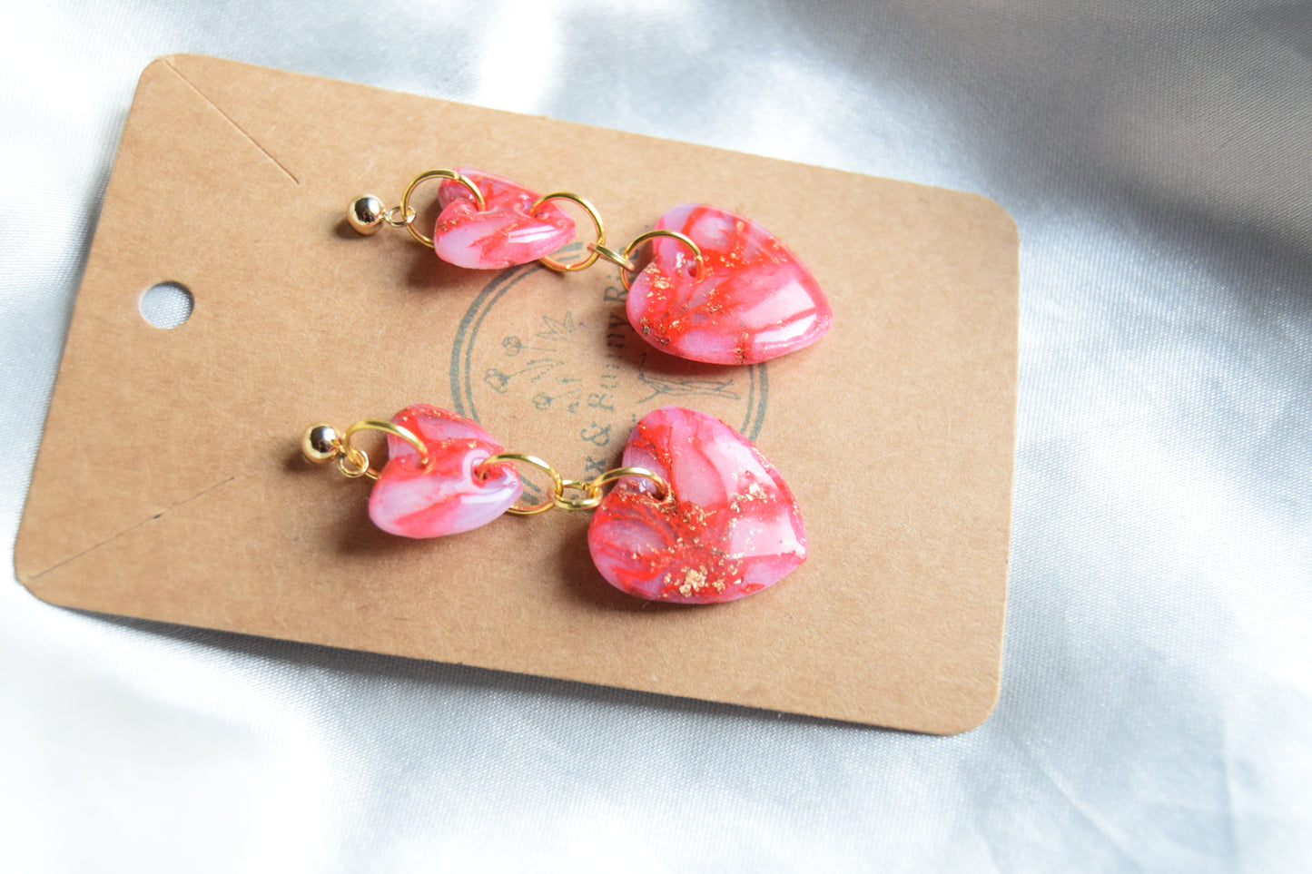 Polymer Clay Glossy Red Marble and Gold Flake Dangling Heart Earrings