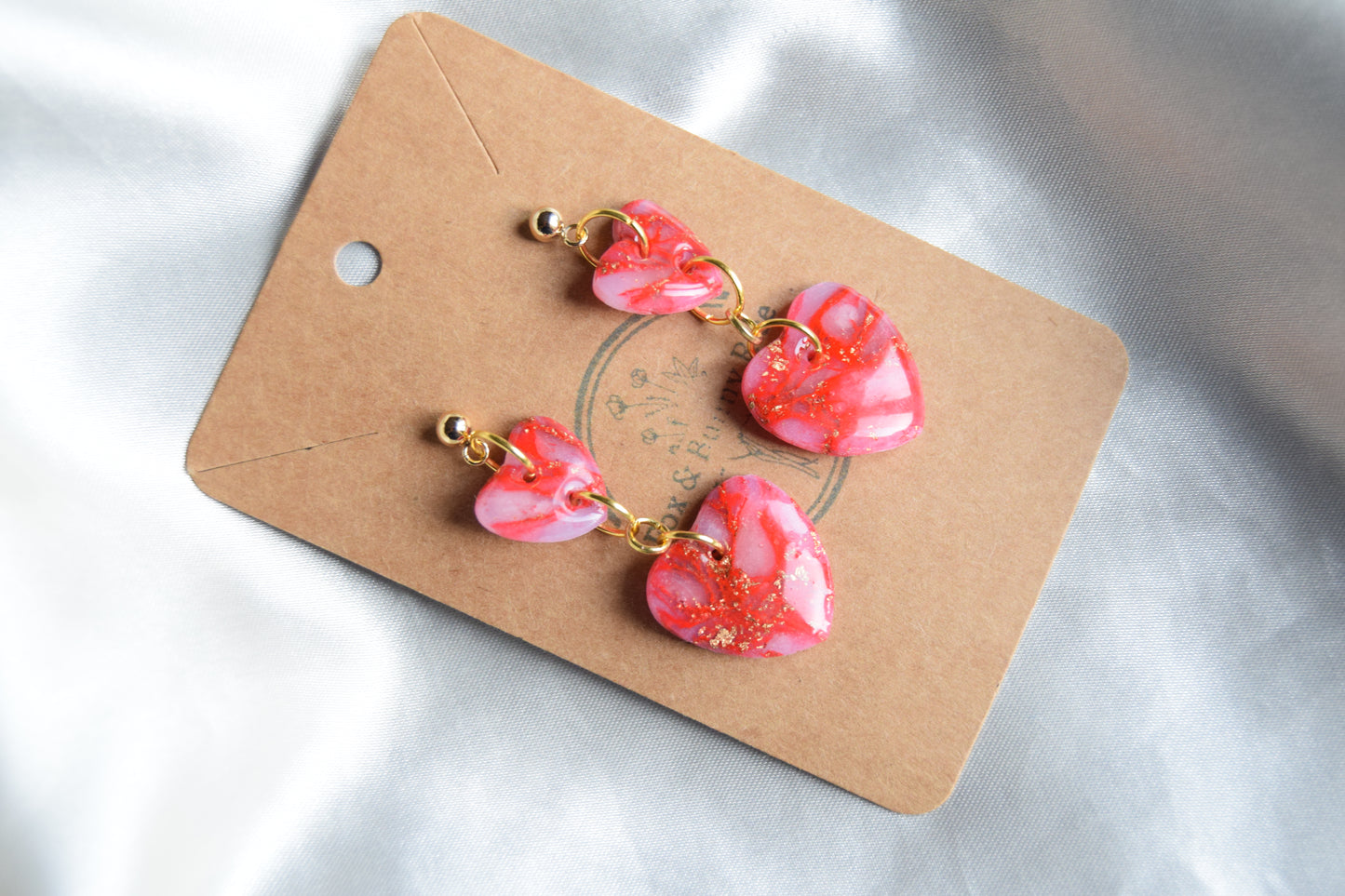 Polymer Clay Glossy Red Marble and Gold Flake Dangling Heart Earrings