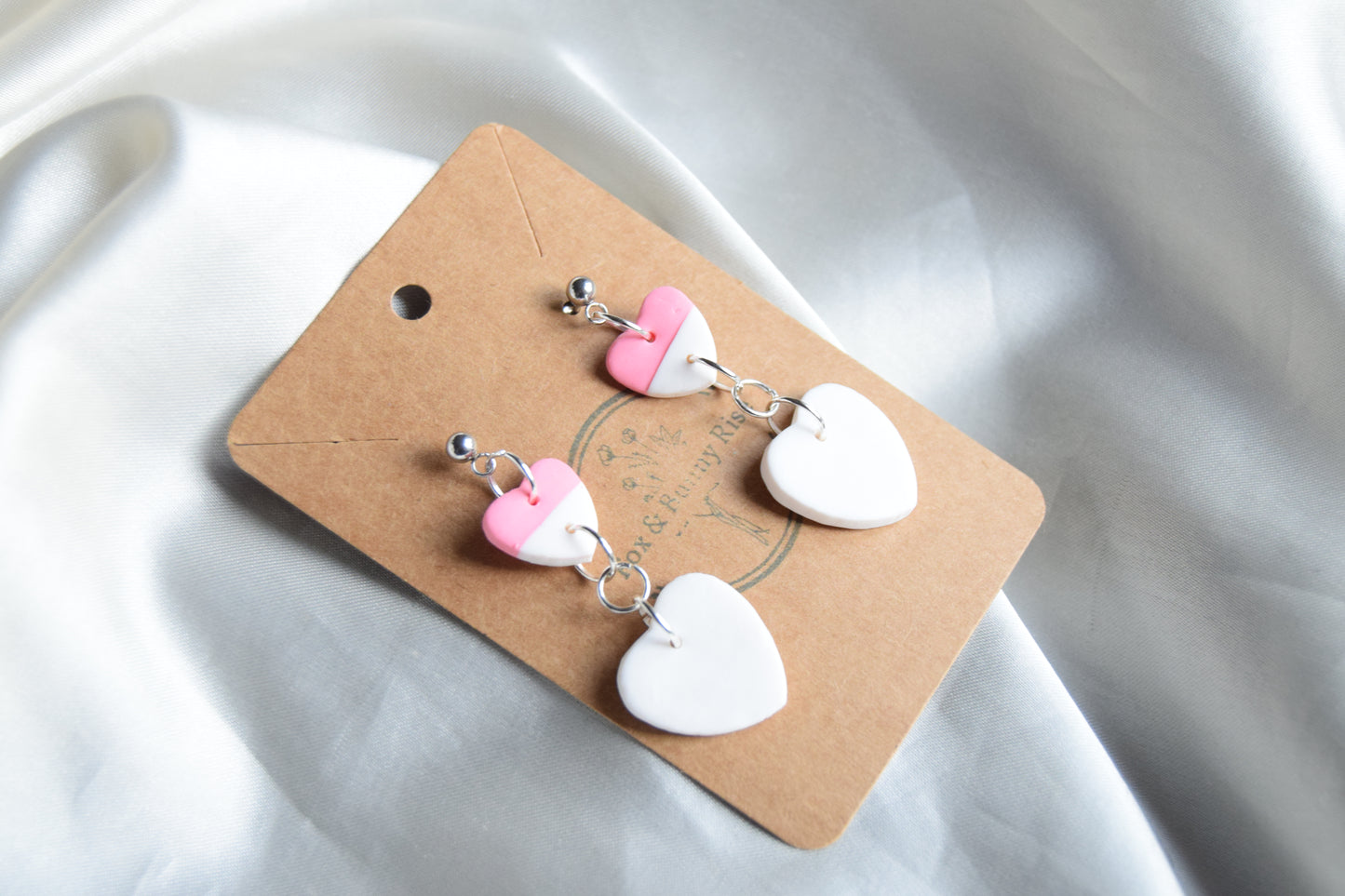 Polymer Clay Pink and White Dangling Heart Earrings
